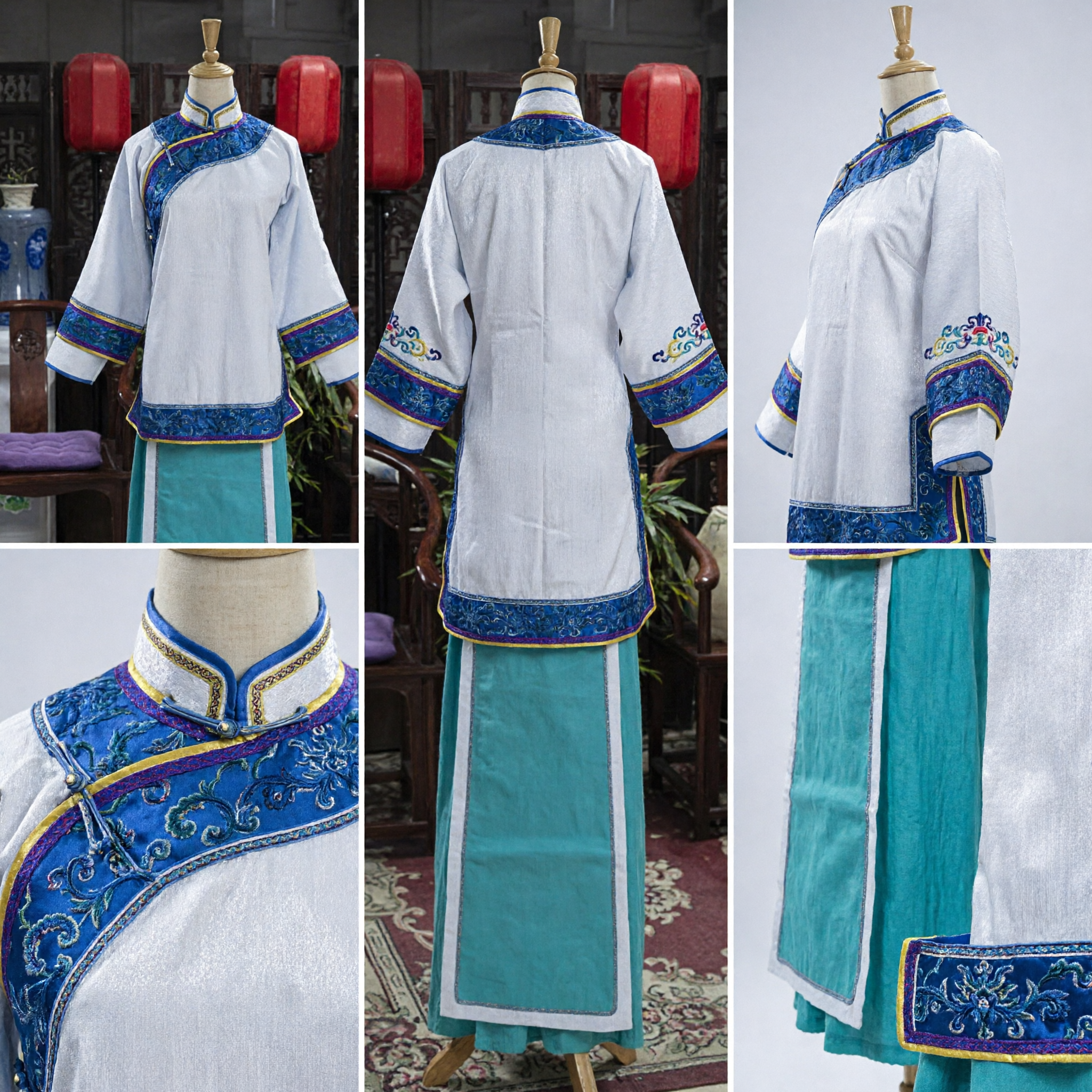 Traditional Chinese Hanfu Costume Women Ancient Blue White Embroidered Top Skirt Set for Tea Ceremony Performance - Asian Costume