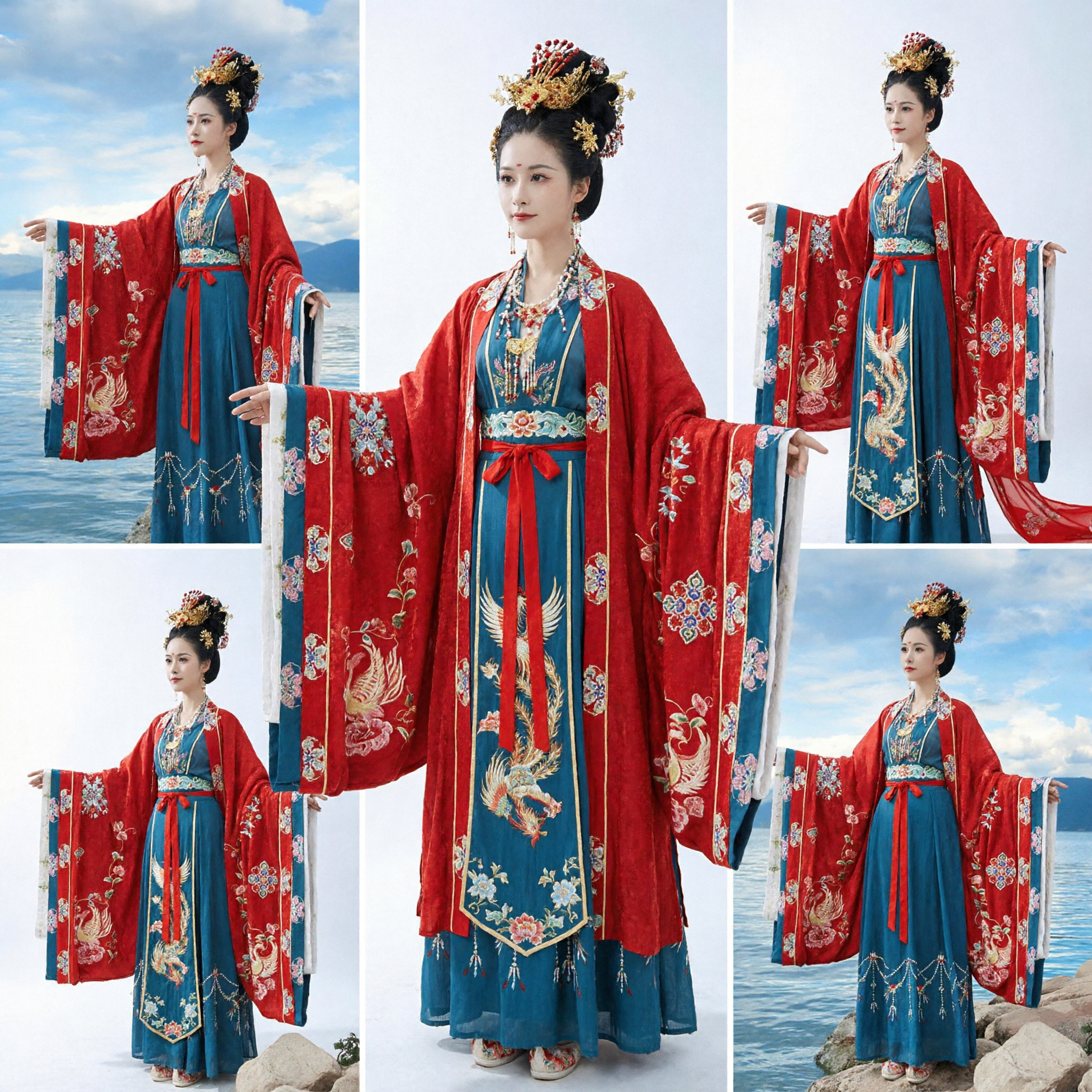 전통 중국 한푸 의상 고대 당나라 공주 빨간색 자수 망토 파란색 드레스 여성용 - Asian Costume