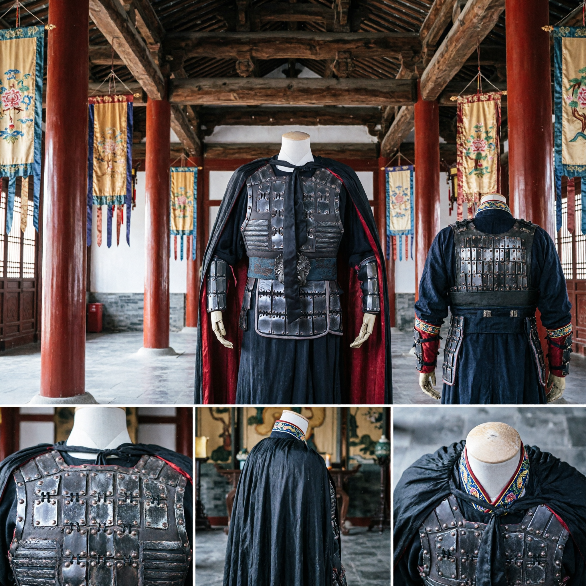 男性用古代中国将軍鎧コスプレ衣装 黒戦士伝統服装 舞台パフォーマンス用 - Asian Costume