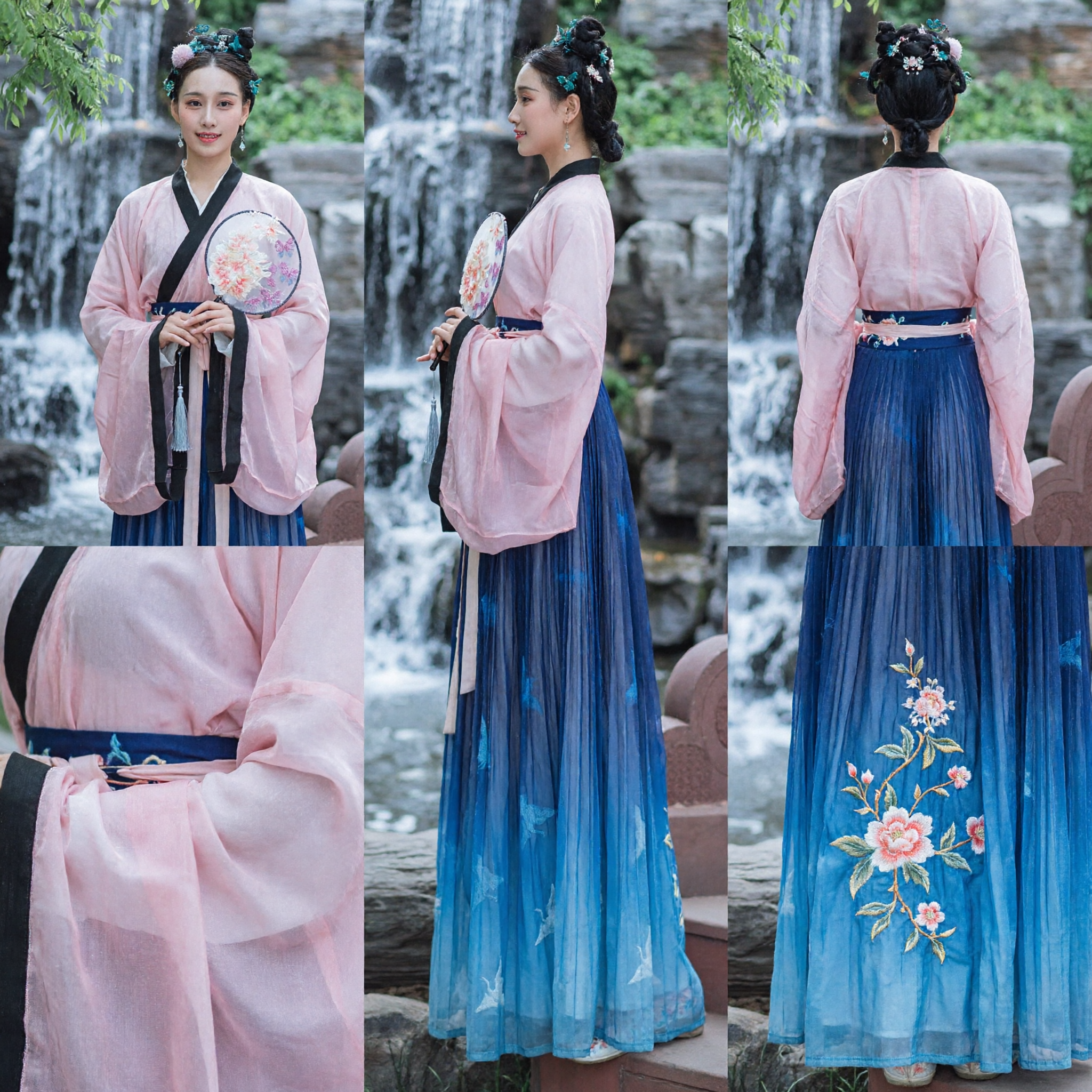 Traje Tradicional Chino Hanfu para Mujer, Blusa Rosa y Falda Azul Degradado con Grullas, Vestido de Princesa Antiguo para Sesiones de Fotos - Asian Costume