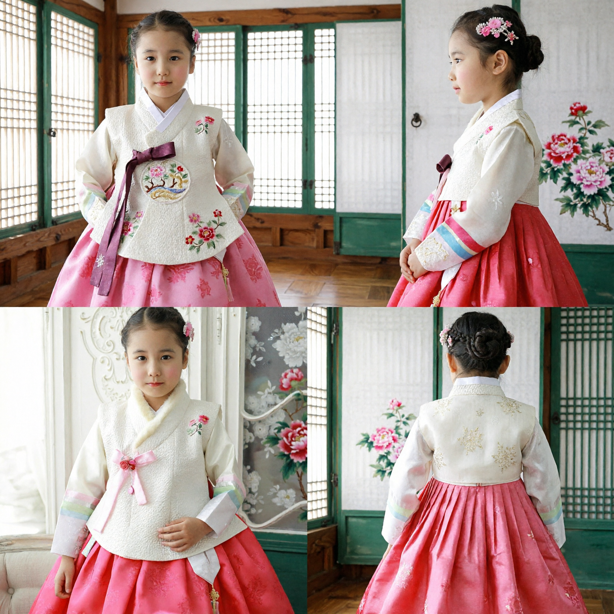 Traditionelles koreanisches Hanbok für Mädchen, weißes besticktes Oberteil und pinker Rock, Kleid für Doljanchi und Hochzeit - Asian Costume