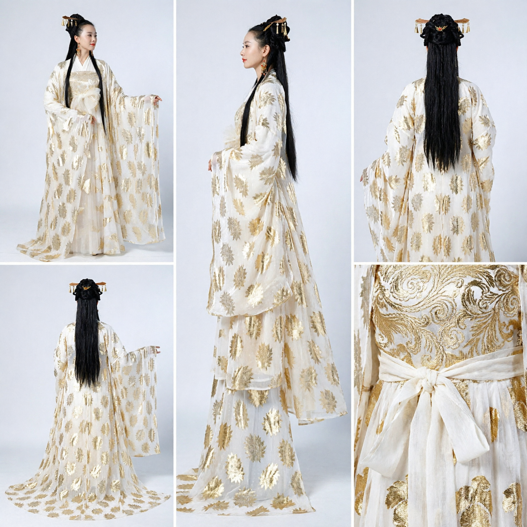 Elegante wit-gouden bloemen Chinese Hanfu, traditionele Tang-dynastie oud feeën Ruqun-jurk voor dames cosplay - Asian Costume