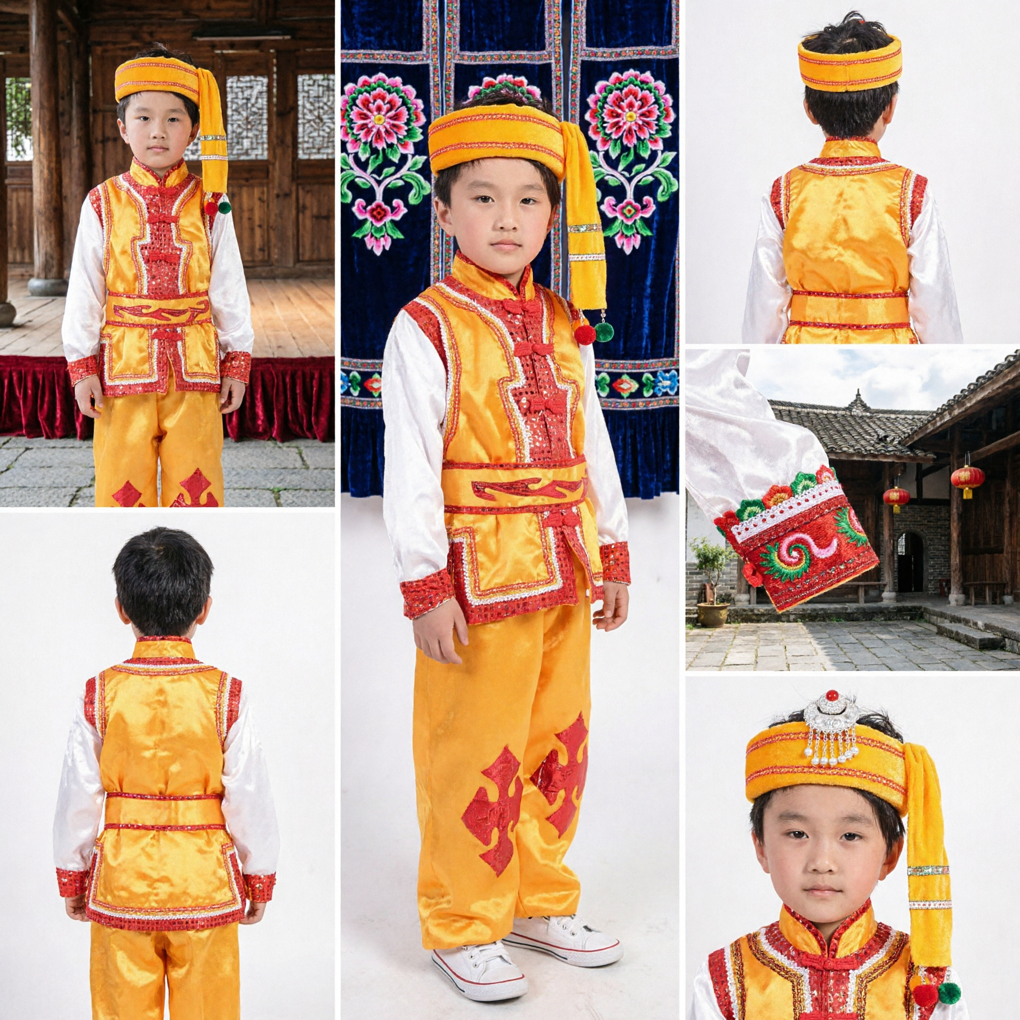 Traditional Chinese Ethnic Minority Folk Dance Costume for Kids Boys Yellow Red Stage Performance Outfit - Asian Costume