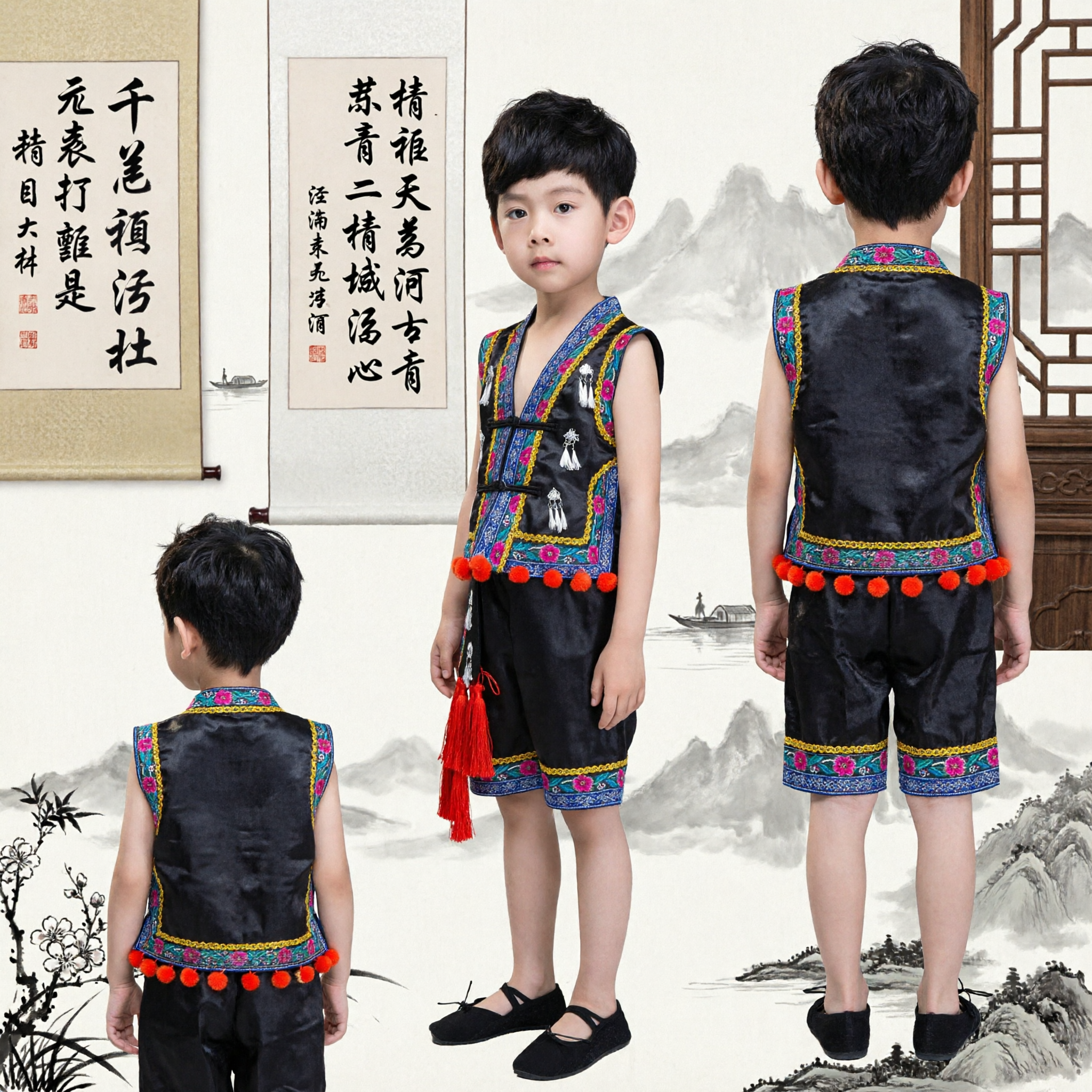 Traje Tradicional da Etnia Miao Chinês para Meninos, Conjunto de Performance de Dança Folclórica com Colete e Shorts Bordados para Crianças - Asian Costume