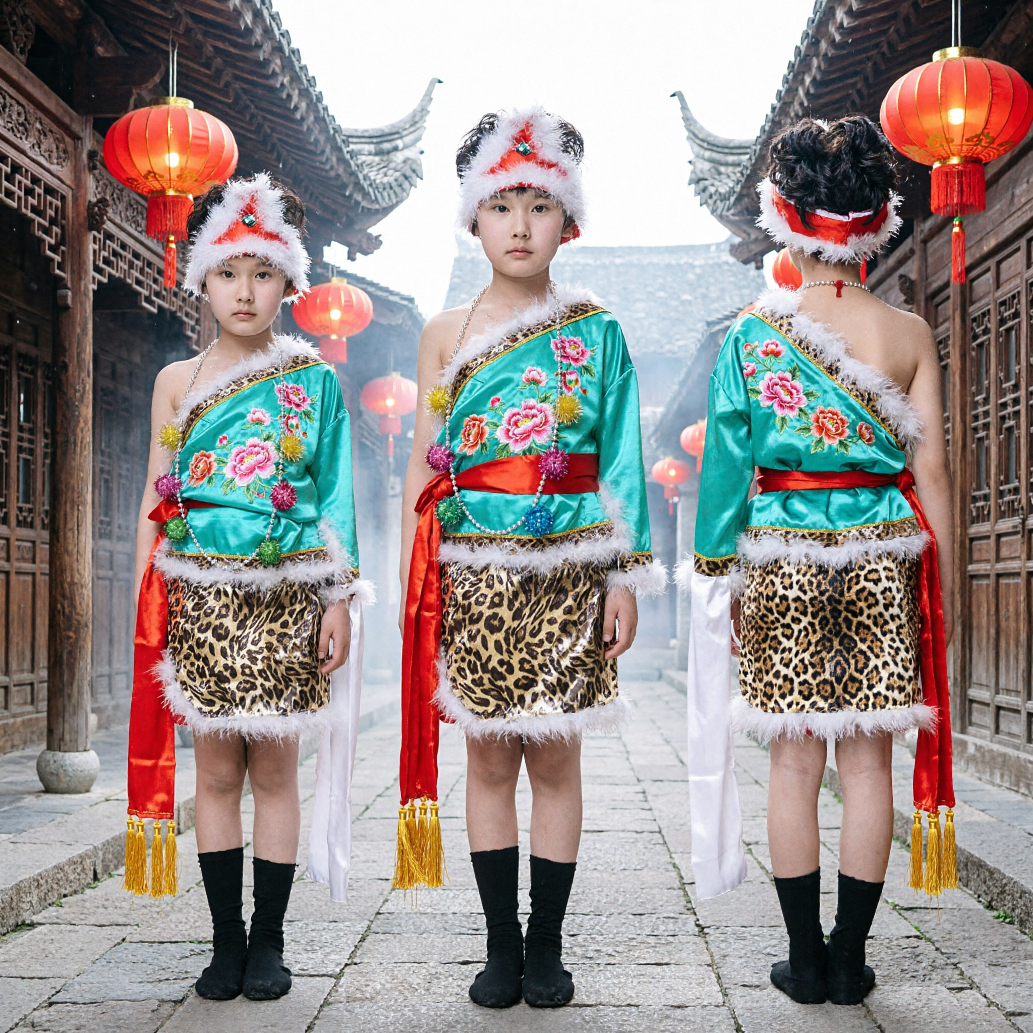 Fantasia de Dança de Minorias Étnicas Chinesas para Meninas, Top de Cetim Verde-azulado e Saia com Estampa de Leopardo para Performance de Palco - Asian Costume