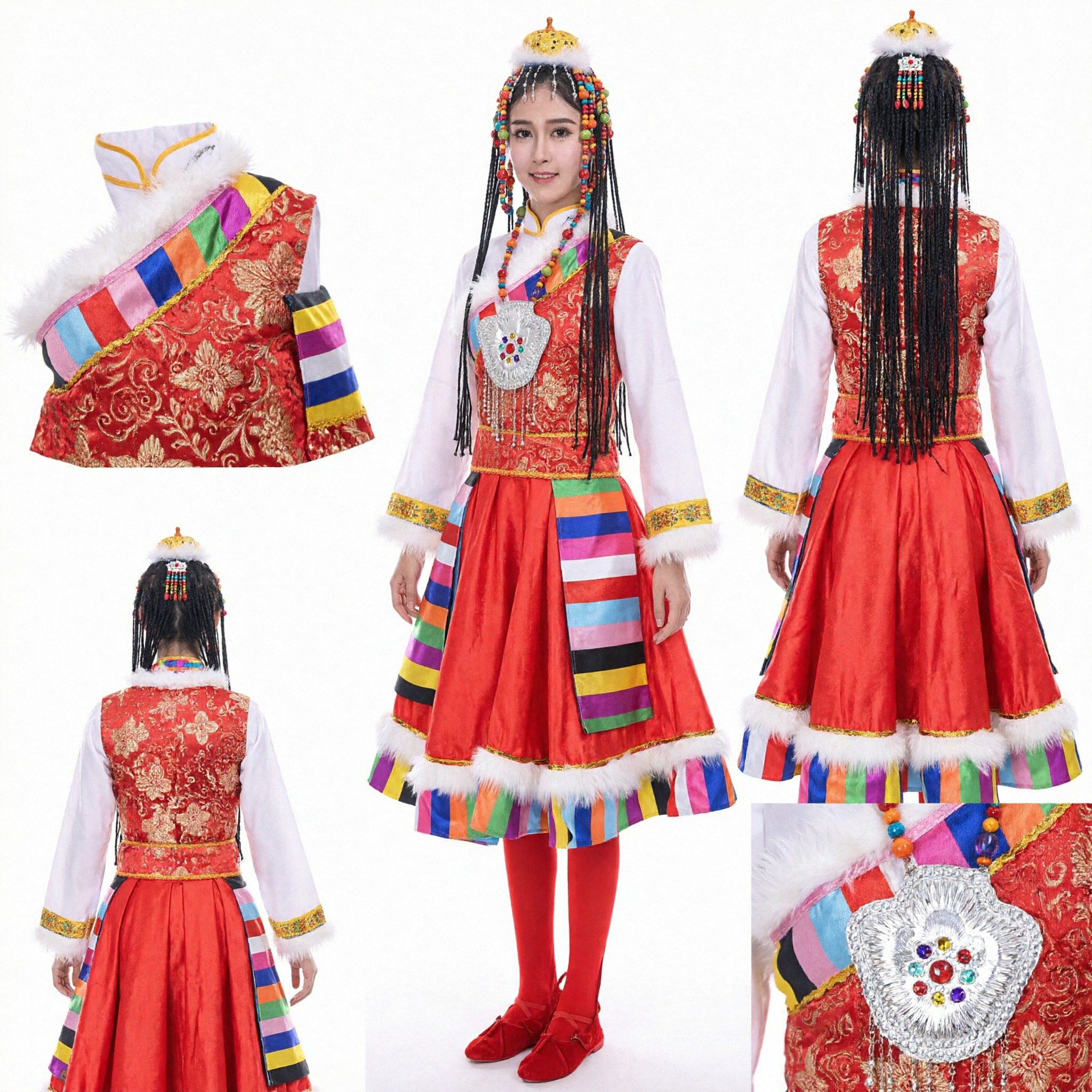 Damski tradycyjny tybetański etniczny kostium taneczny, czerwona suknia z kolorowymi paskami i koralikowym nakryciem głowy do występów folklorystycznych - Asian Costume
