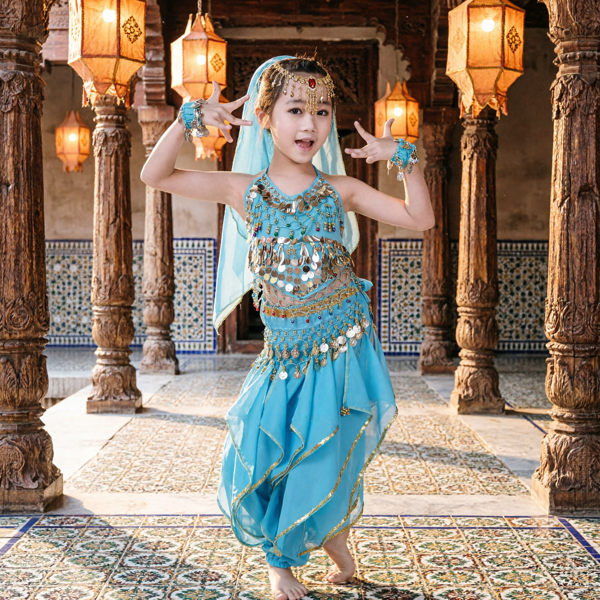 Traje de Danza del Vientre Bollywood Indio Azul para Niñas, Conjunto de Princesa para Fiesta de Halloween - Asian Costume