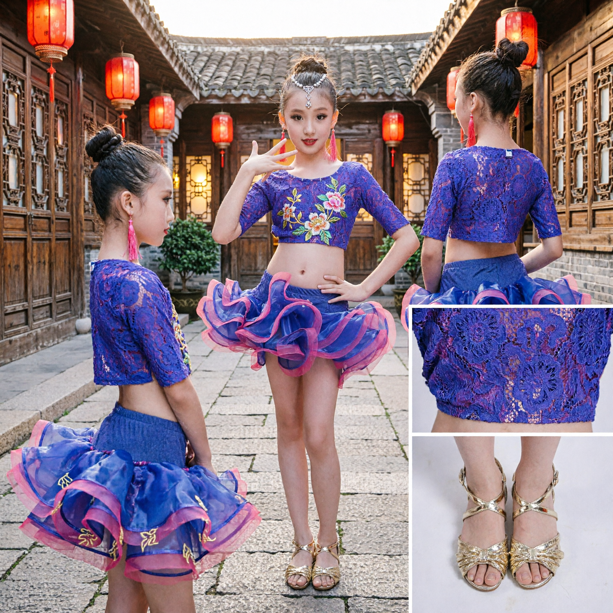 Costume de danse latine pour filles, haut court bleu violet à paillettes, jupe à volants, tenue de performance pour Cha Cha en salle de bal - Asian Costume