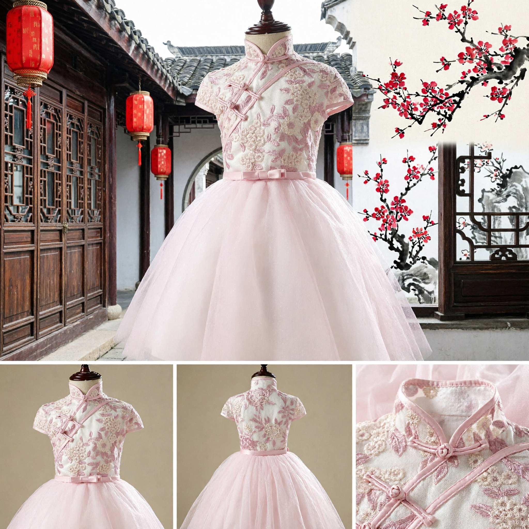 Kinderen Meisjes Roze Cheongsam Qipao Jurk Bloemen Borduurwerk Tulle Rok Trouw Bruidsmeisjes Formele Jurken - Asian Costume