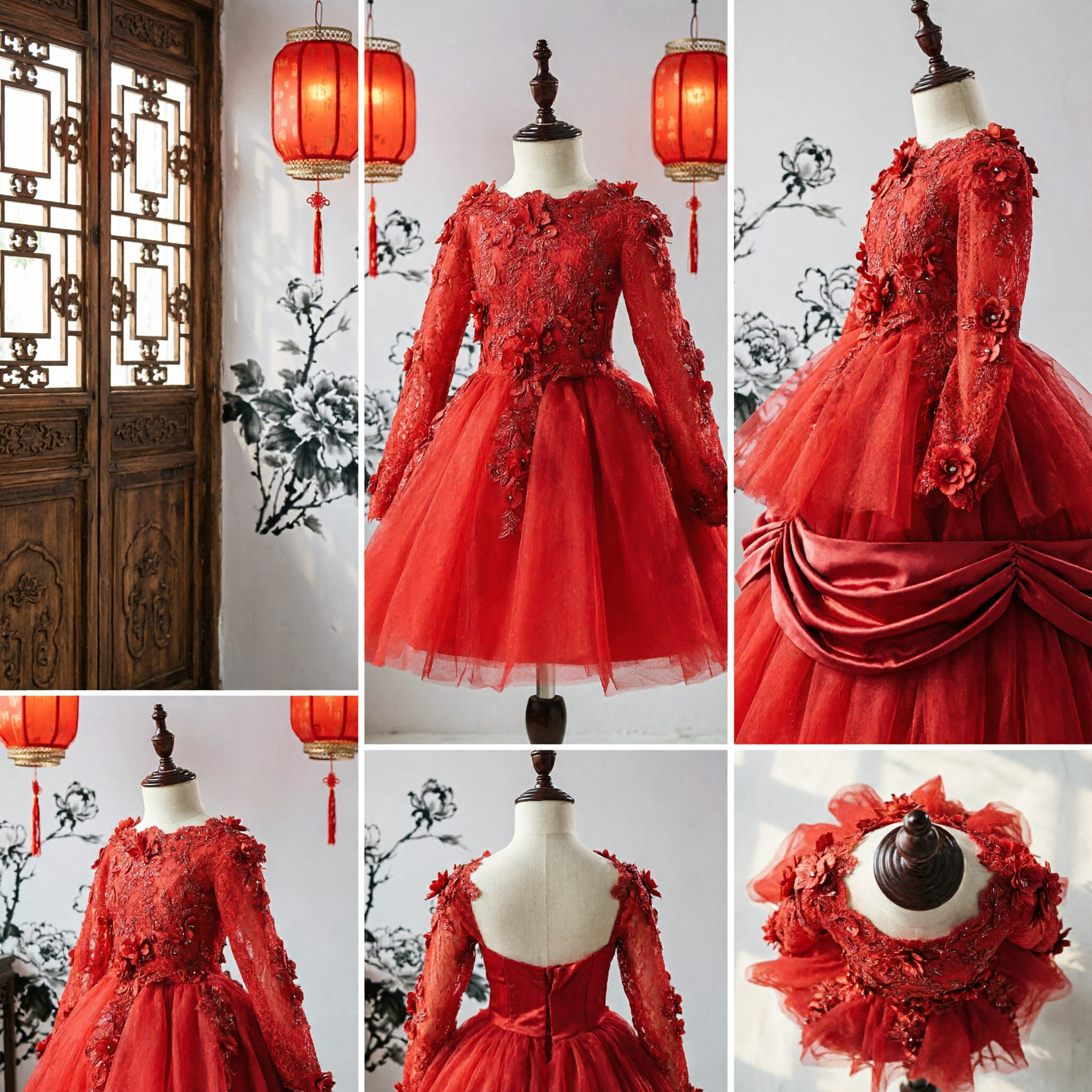 Elegant Rood Lange Mouw Kant Bruidsmeisjes Jurk met 3D Bloemen Appliqés en Tulle Rok voor Trouwerijen - Asian Costume