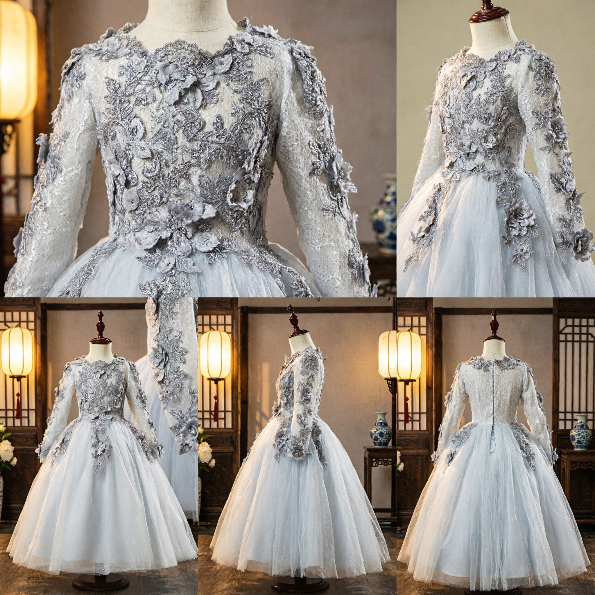 Elegant White Lace Flower Girl Dress with 3D Floral Appliques Long Sleeve Tulle Princess Gown for Wedding - Asian Costume
