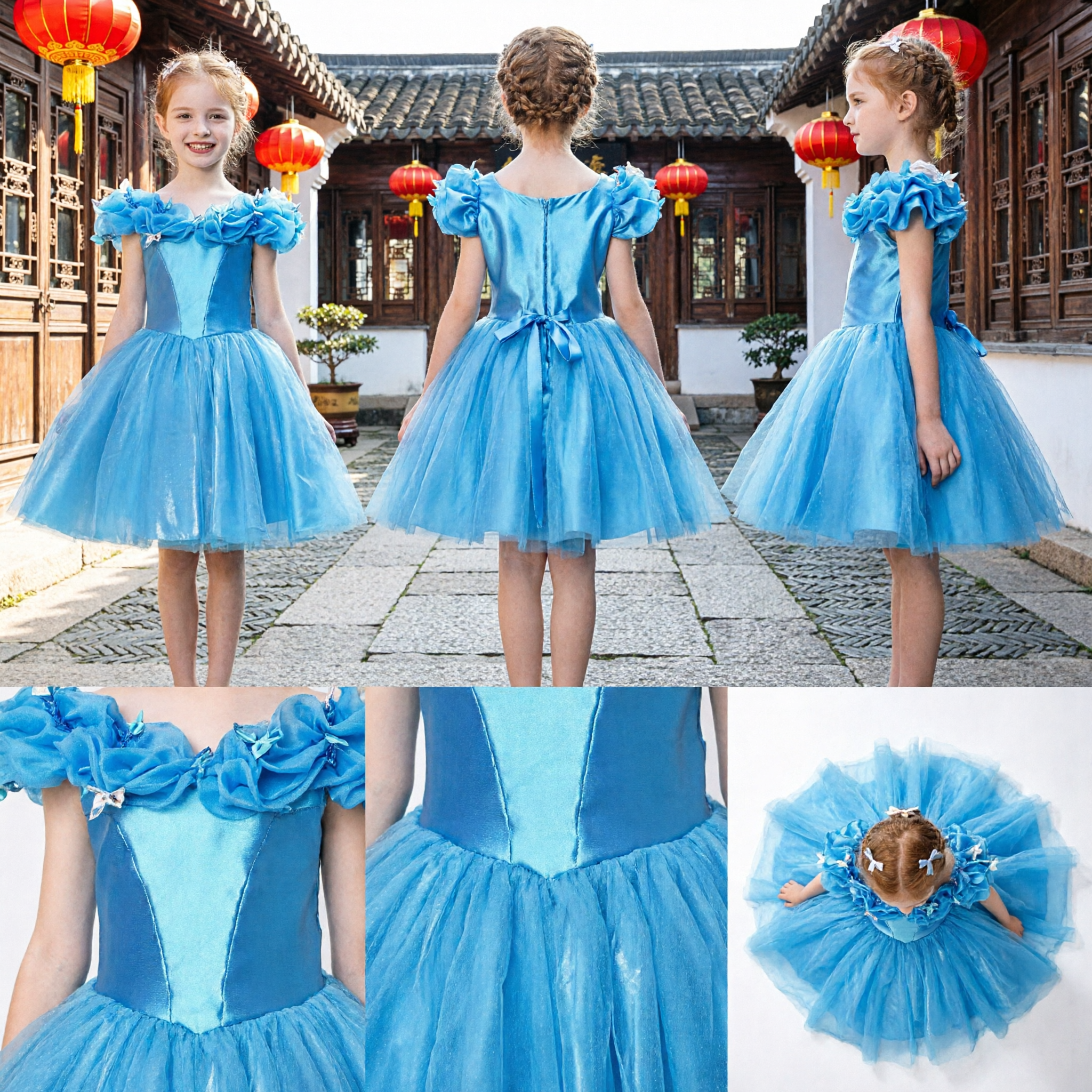 Blaues Cinderella-Prinzessinnenkleid für Mädchen mit Tüllrock für Halloween-Party-Auftrittskostüm - Asian Costume