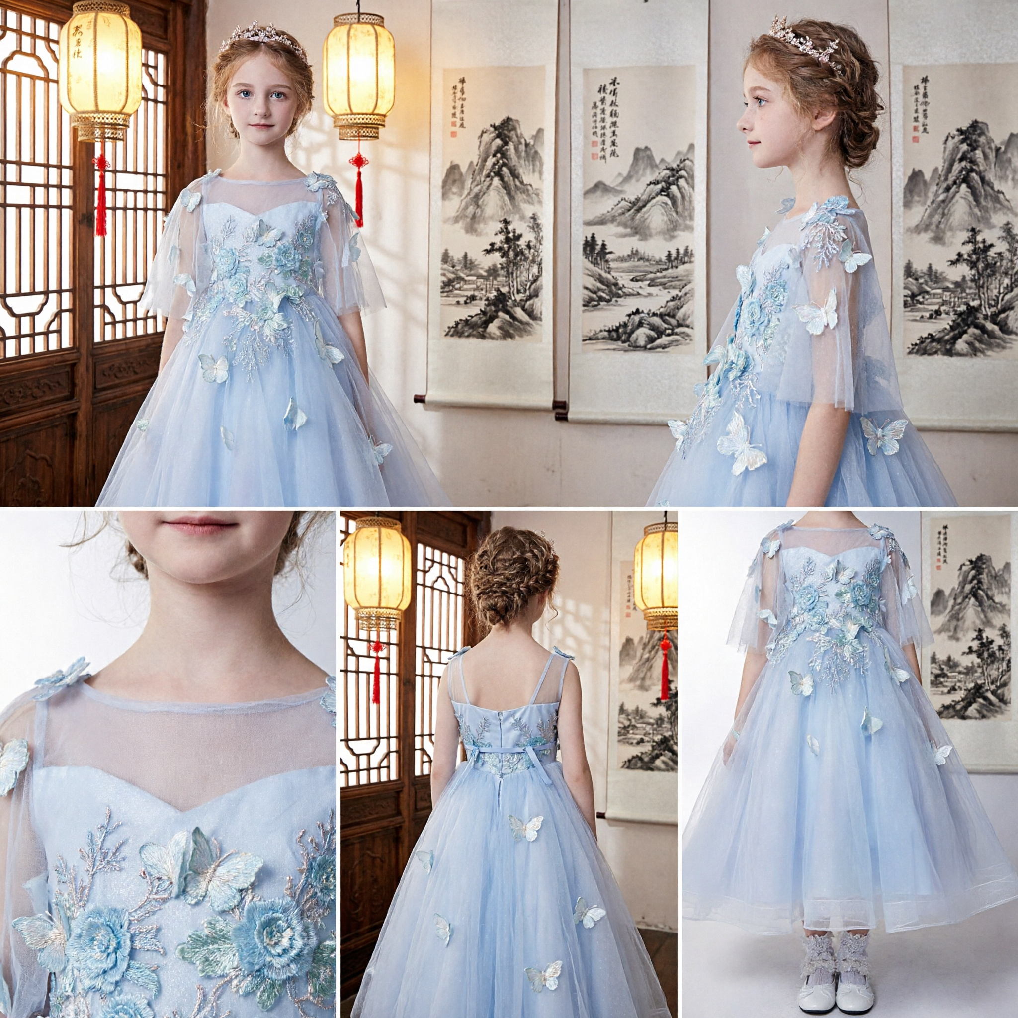 Abito Elegante Damigella Tulle Azzurro Chiaro con Appliqué Farfalle 3D Bambini Matrimonio - Asian Costume
