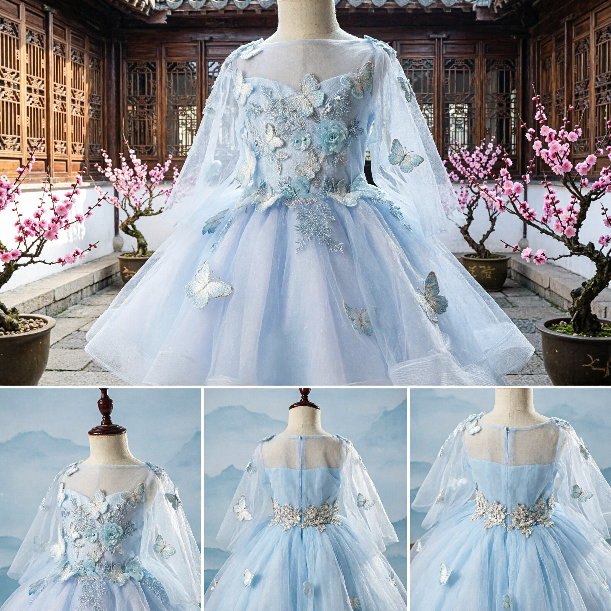 Vestido de Princesa Hada Mariposa Azul para Niñas con Capa Falda de Tul Disfraz para Boda Fiesta y Presentación - Asian Costume