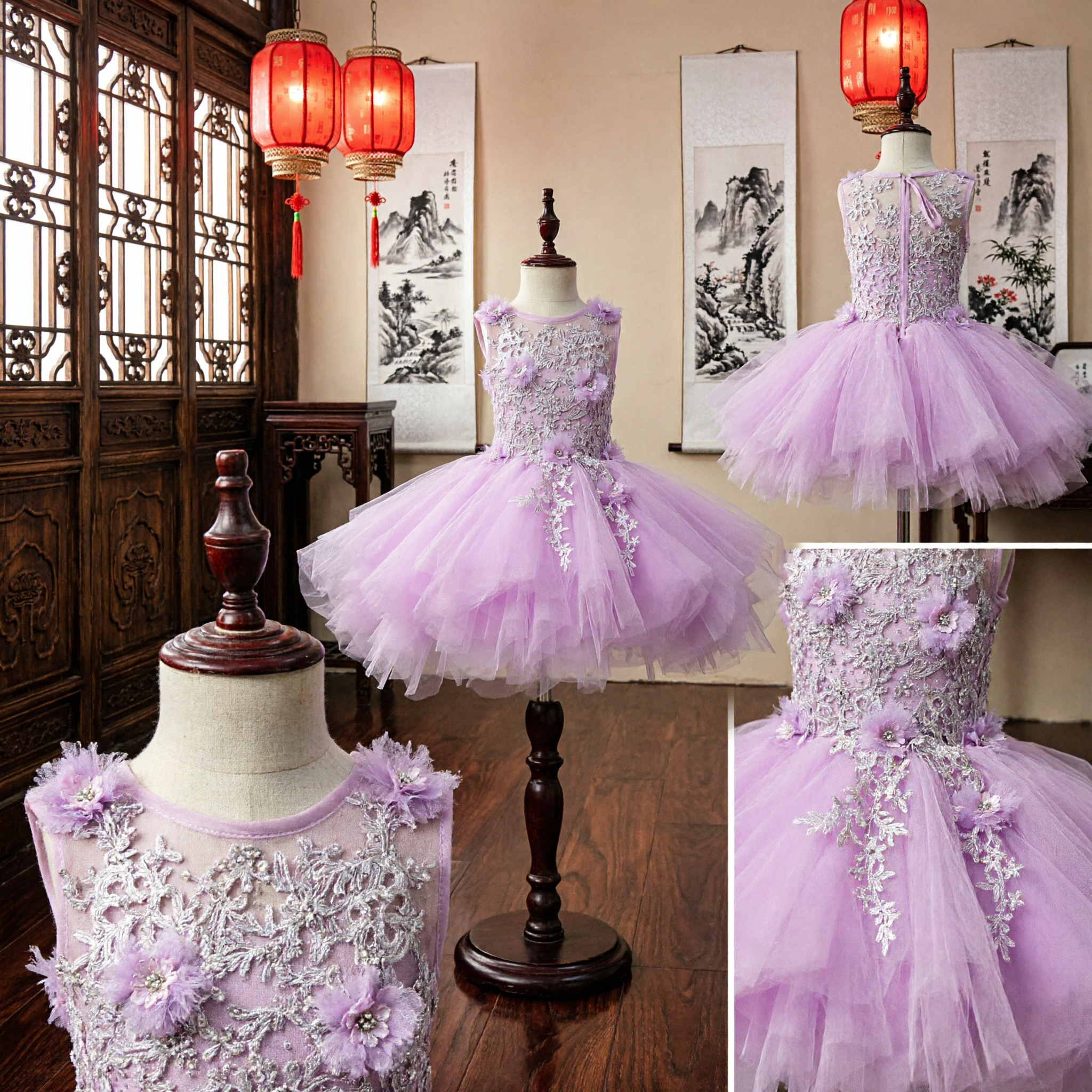 Elegant Purple Princess Dress for Girls Kids Flower Girl Wedding Party Lace Floral Tulle Tutu Gown - Asian Costume