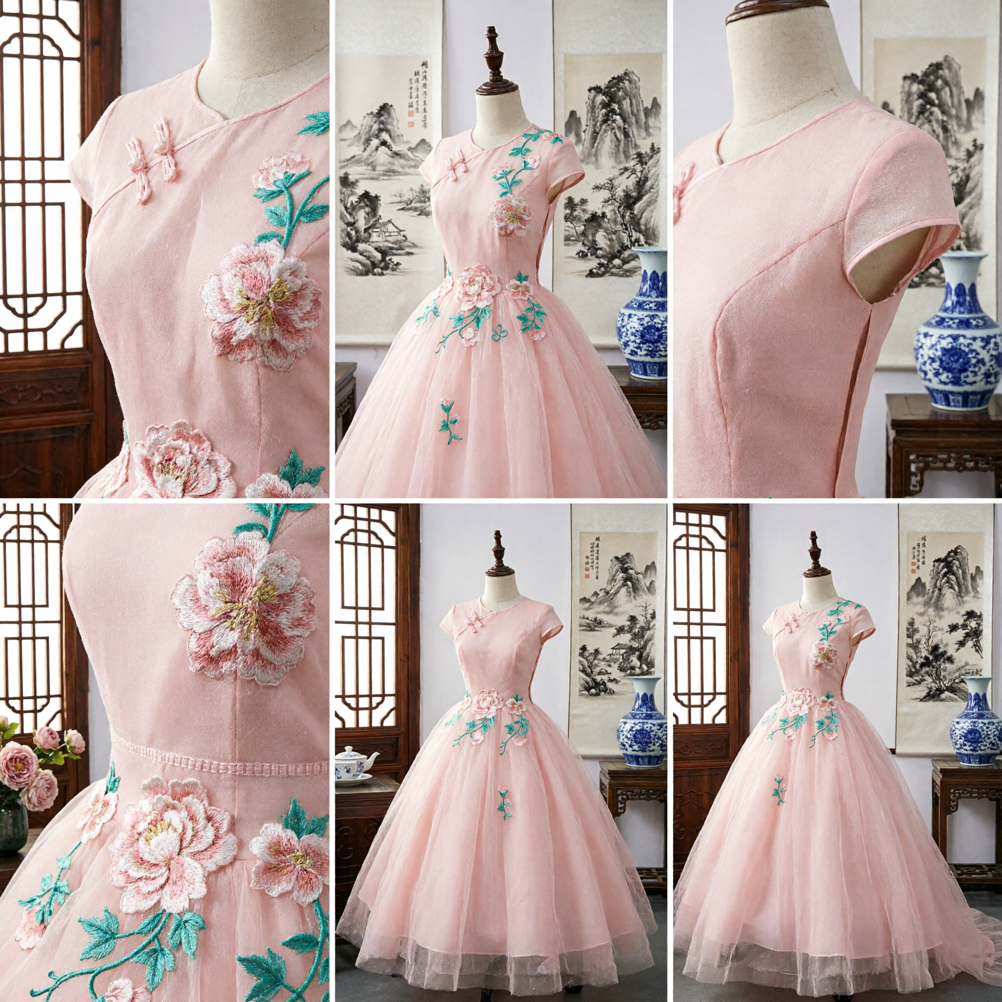 Elegantes rosa floral besticktes Ballkleid, ärmelloses Tüllkleid für Blumenmädchen und formale Schönheitswettbewerbe - Asian Costume