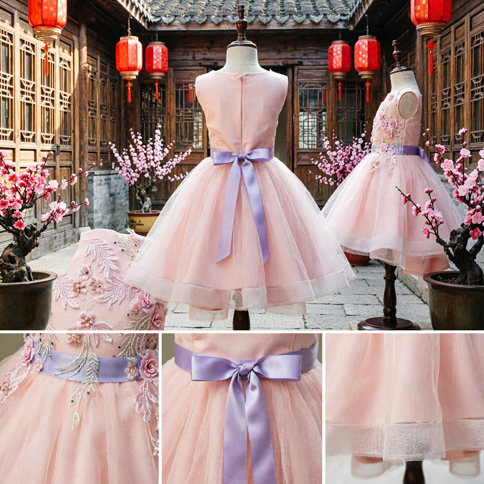 Pink Floral Embroidery Flower Girl Dress Princess Tulle Ball Gown for Wedding Party Pageant - Asian Costume