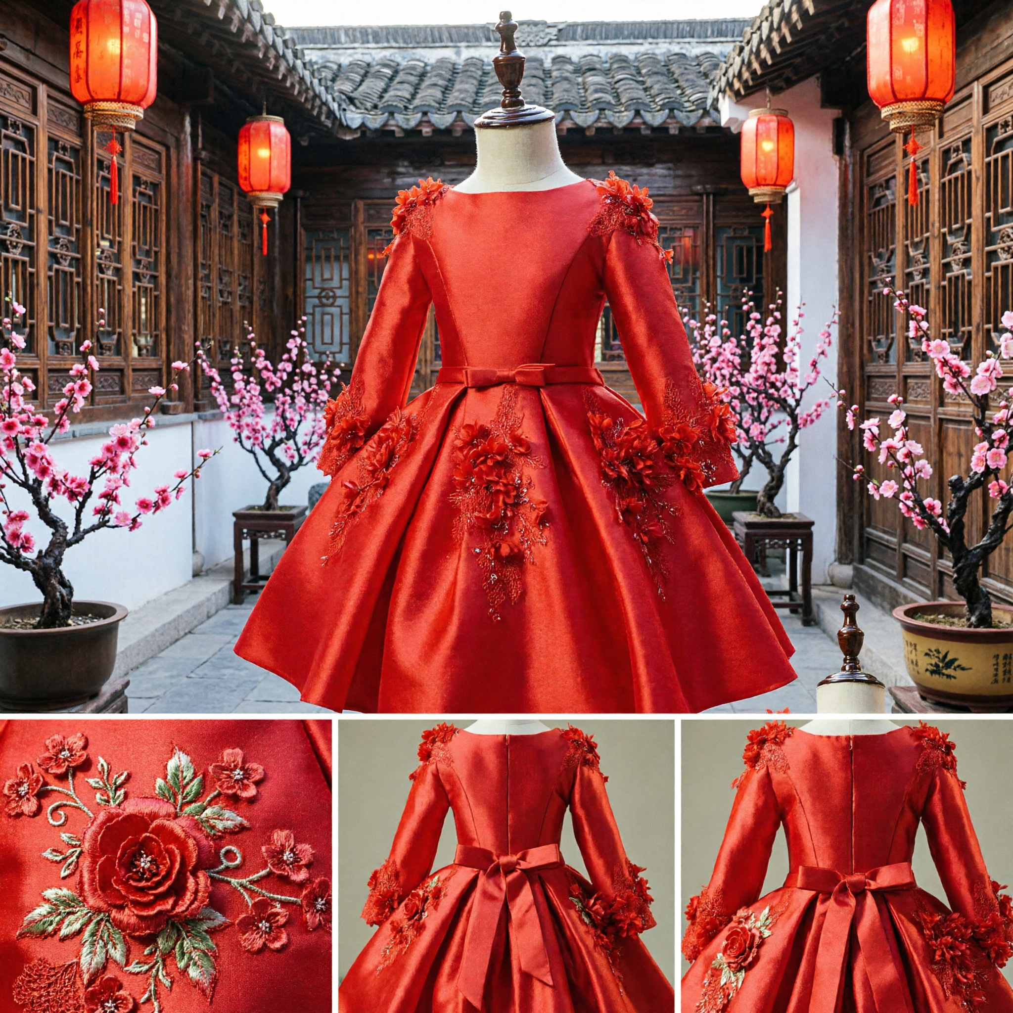 Robe princesse rouge pour enfants - Robe à manches longues à appliqués floraux pour demoiselle d'honneur et fête de mariage pour filles - Asian Costume