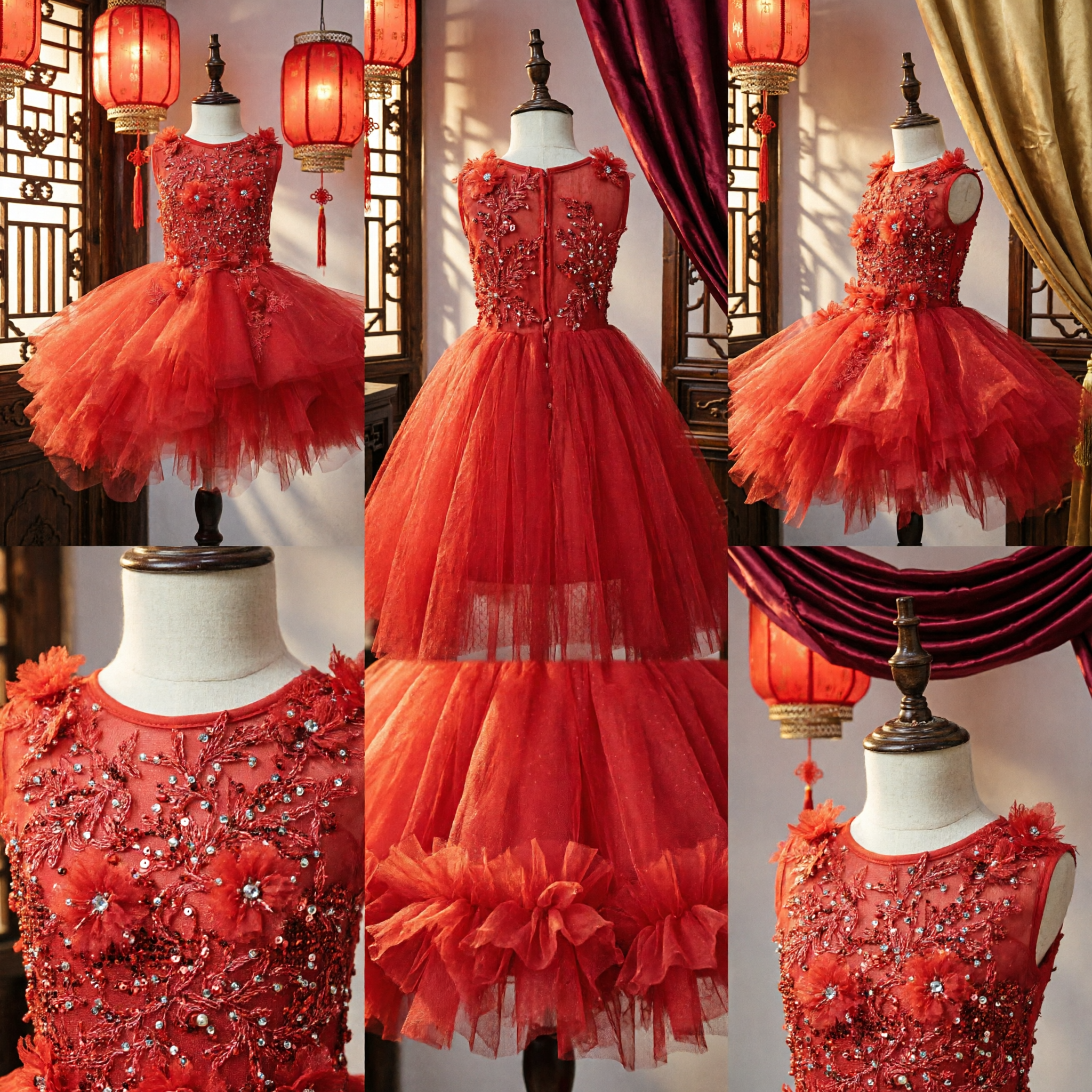 Rotes Pailletten-Oberteil Tüll-Tutu-Kleid für Mädchen für Blumenmädchen, Hochzeitsfeier und Schönheitswettbewerbe - Asian Costume