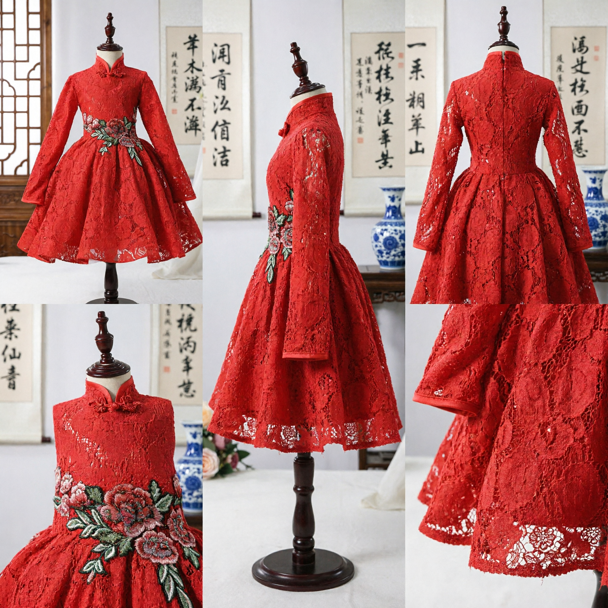 Robe traditionnelle chinoise en dentelle rouge pour filles enfants - Pour fête de mariage, col mandarin à manches longues avec broderie florale - Asian Costume