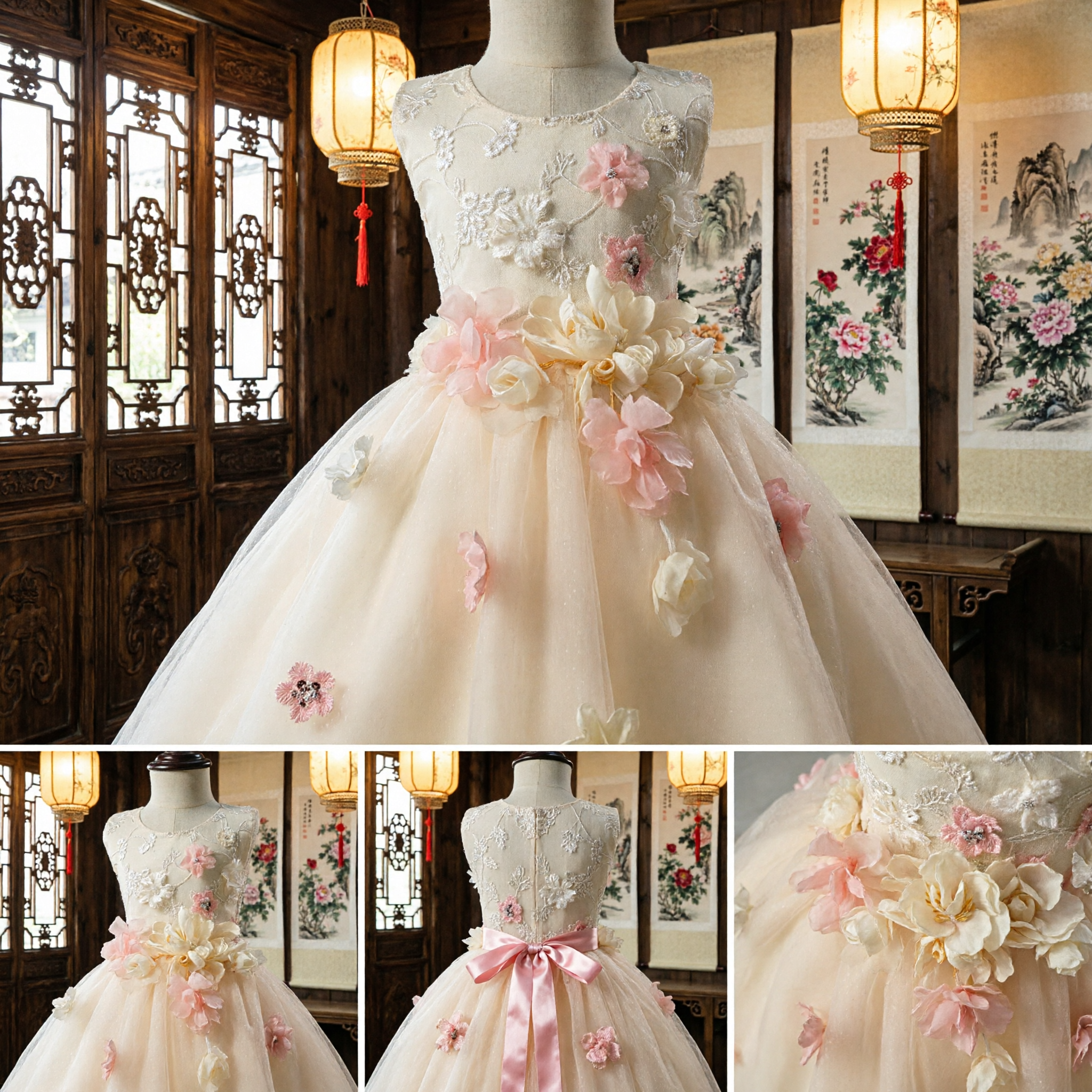 Abito da sposa formale per bambine, abito da principessa in tulle con fiori 3D per damigelle, concorsi e feste - Asian Costume