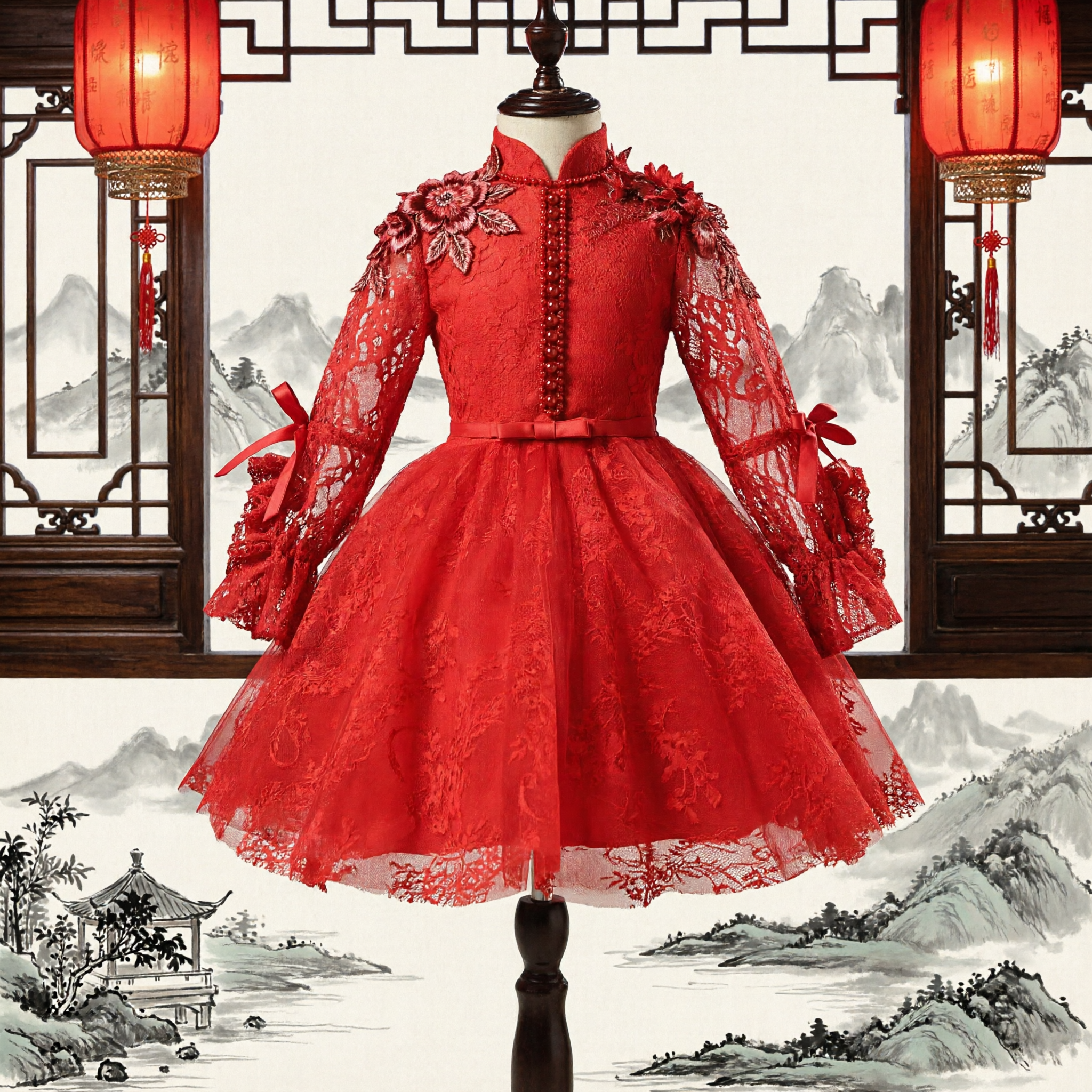 Abito da sposa tradizionale cinese rosso in pizzo per bambine, abito da damigella con colletto mandarino e maniche lunghe - Asian Costume