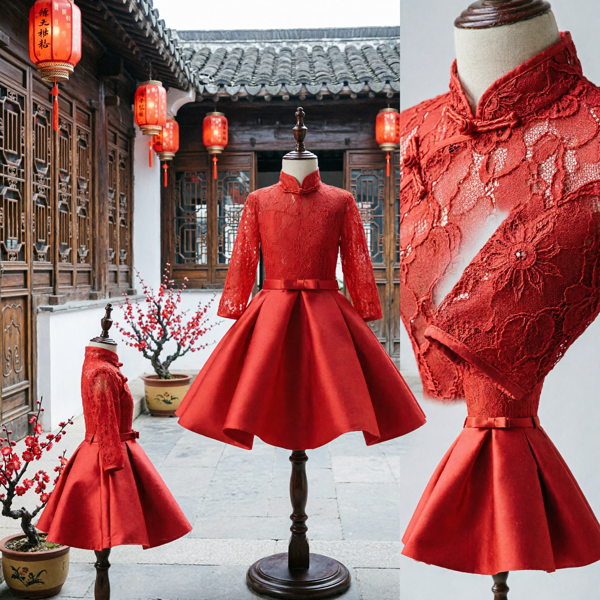 فستان تشيباو تقليدي أحمر من الدانتيل للفتيات لحفلات الزفاف والسنة القمرية الجديدة - Asian Costume