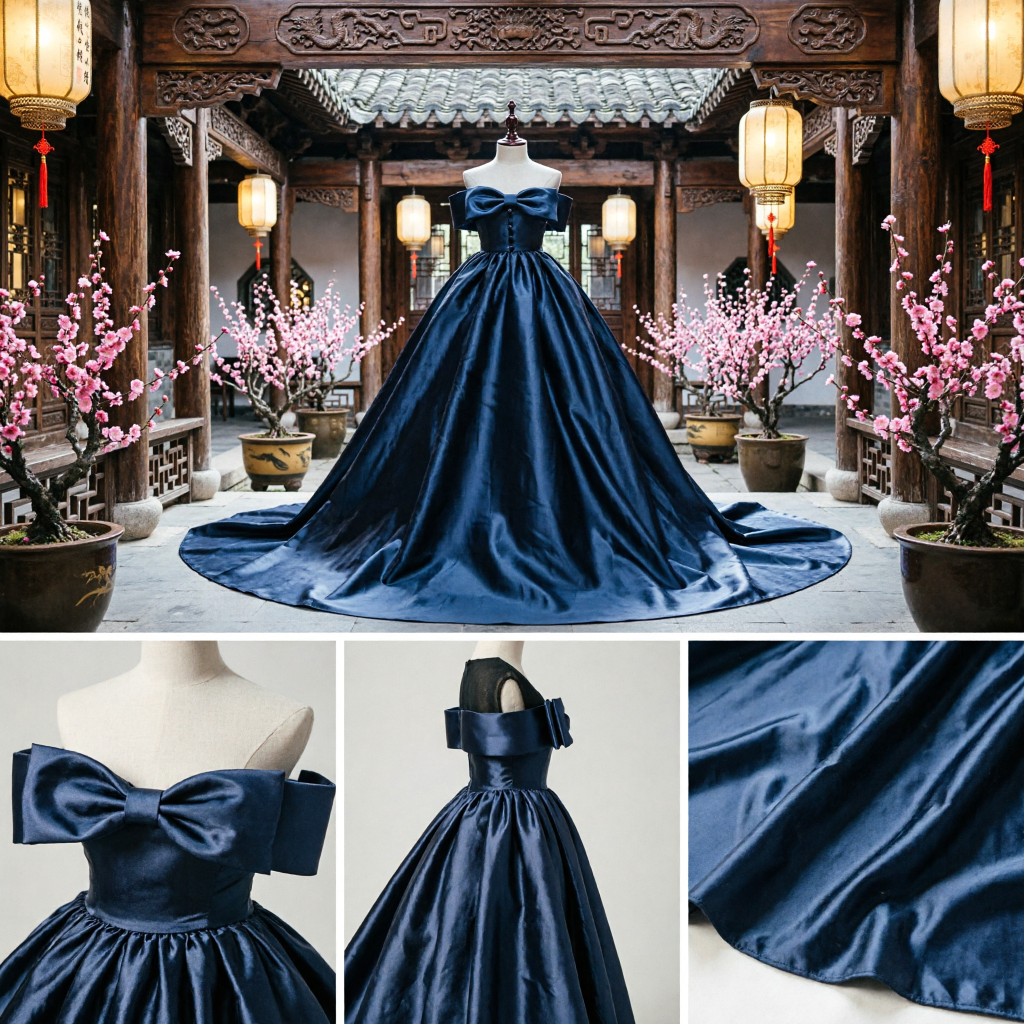 Abito Elegante in Satin Nero Scollato Spalle Ballgown con Strascico Lungo Abito da Sera Formale per Balli e Feste - Asian Costume
