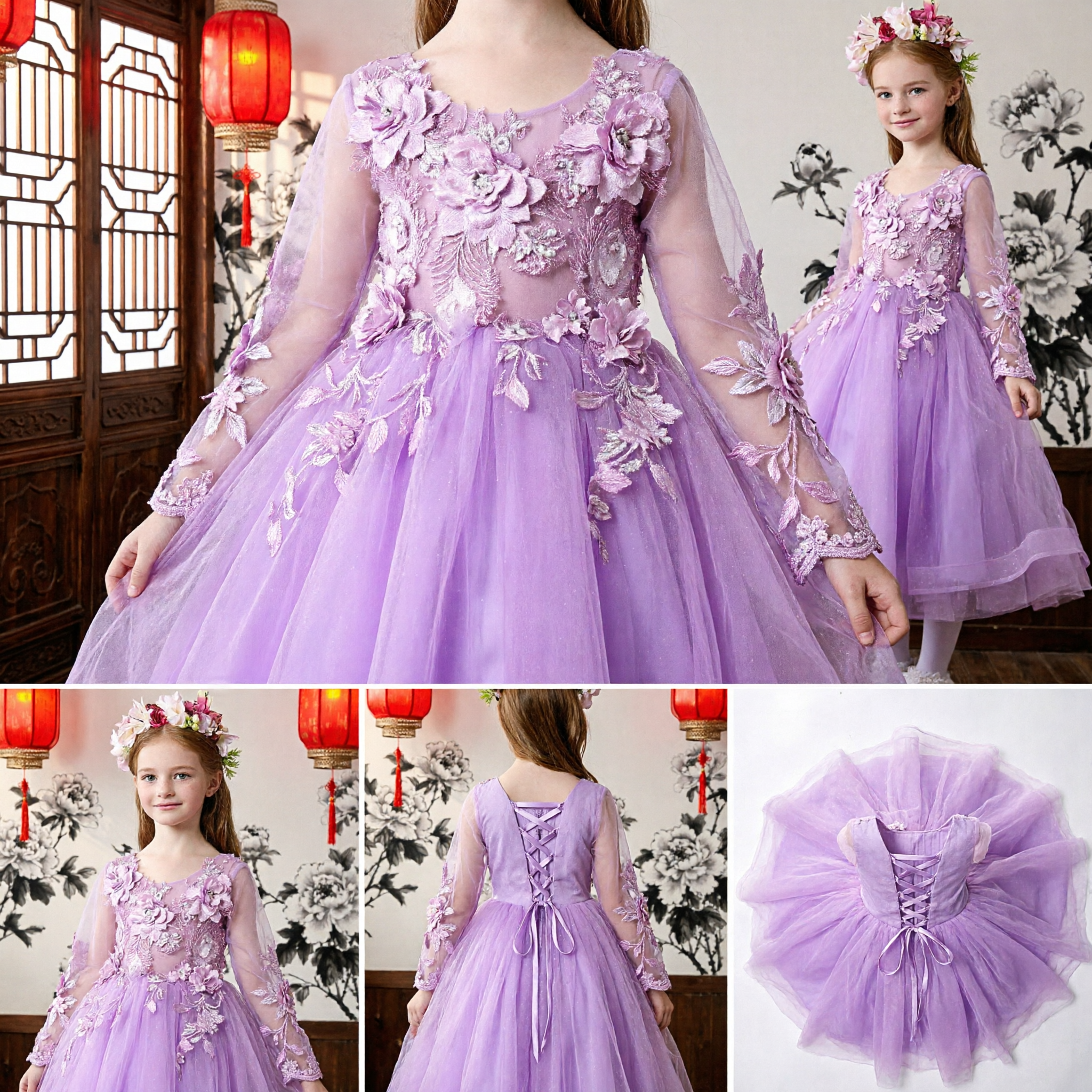 Abito per Ragazze Viola Ballgown Floreale 3D Manica Lunga Tulle Abito Formale per Matrimonio Concorsi e Feste - Asian Costume