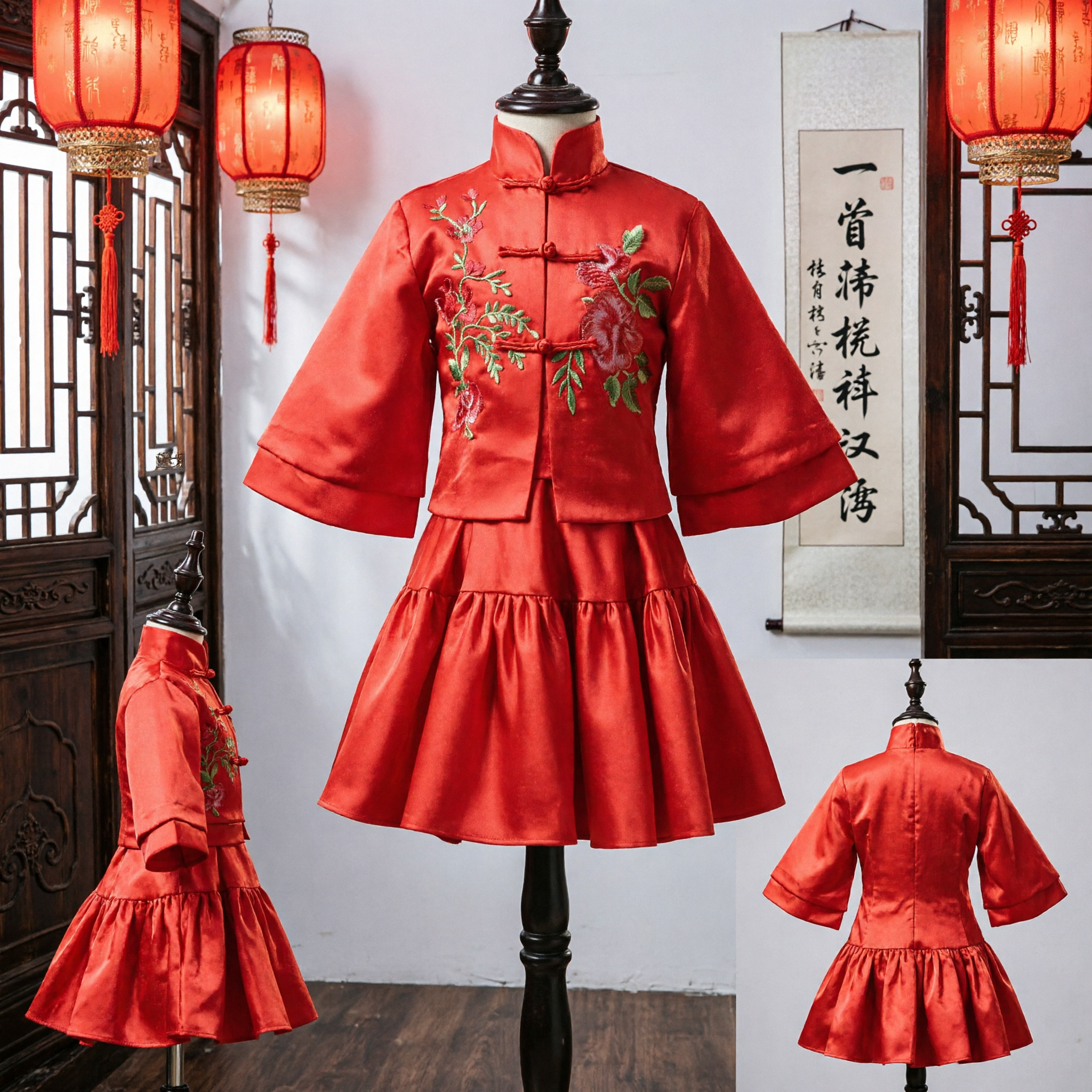 Traje Tradicional Chinês Tang Suit Vermelho para Meninas, Conjunto de Blusa e Saia Bordada para Ano Novo Lunar e Casamento - Asian Costume