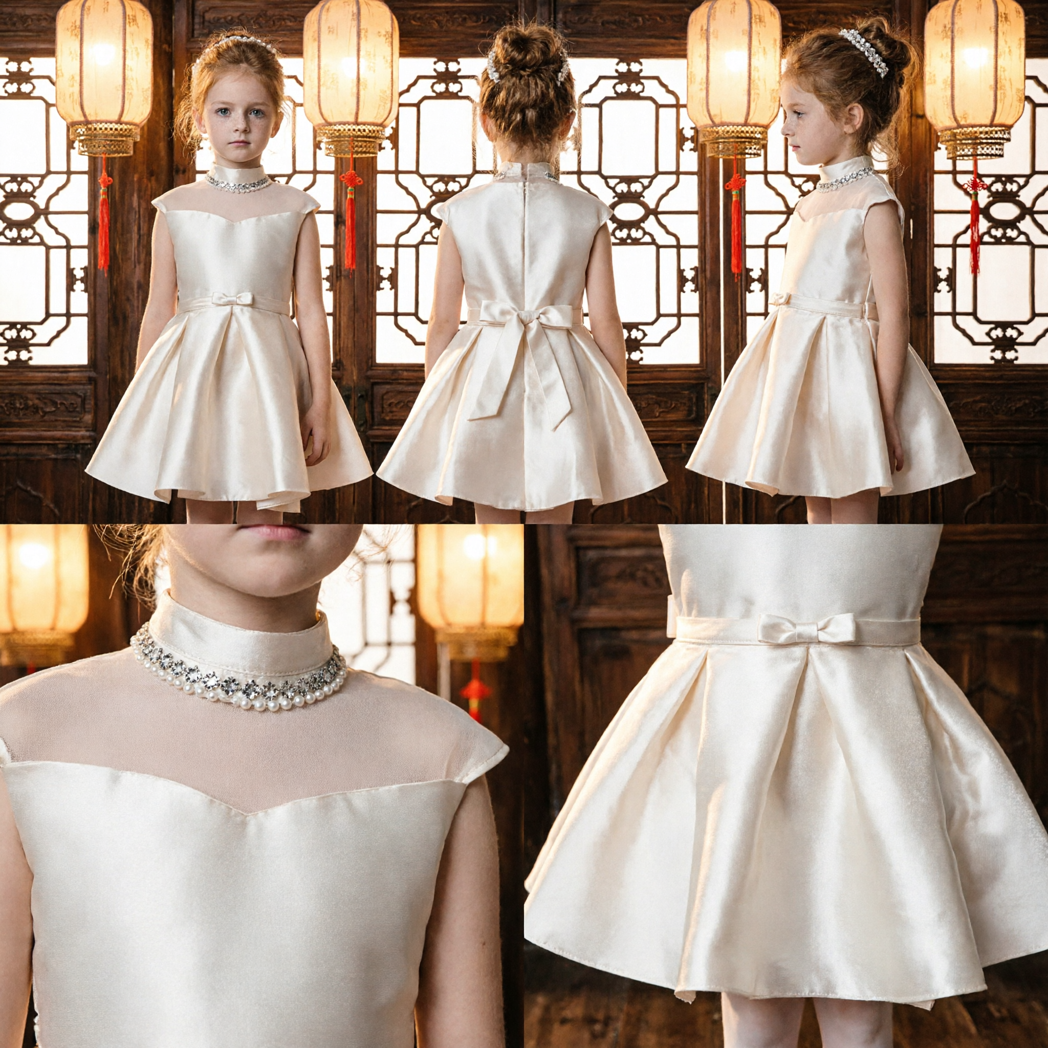 여아 아이보리 새틴 꽃 소녀 드레스 슬리브리스 하이넥 A라인 웨딩 파티 드레스 어린이용 - Asian Costume