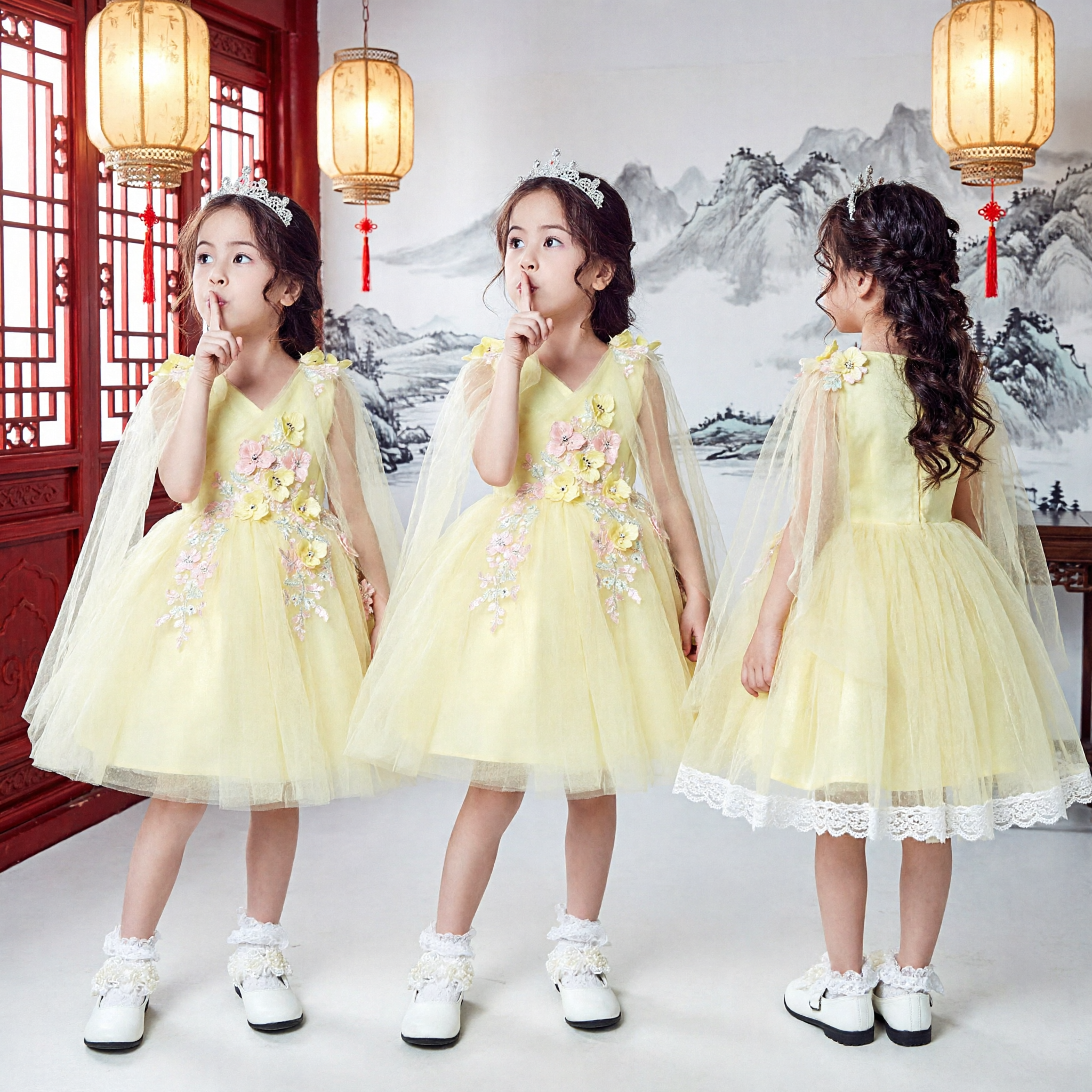 Elegant Yellow Flower Girl Dress with Floral Applique and Sheer Cape for Kids Wedding Party - Asian Costume