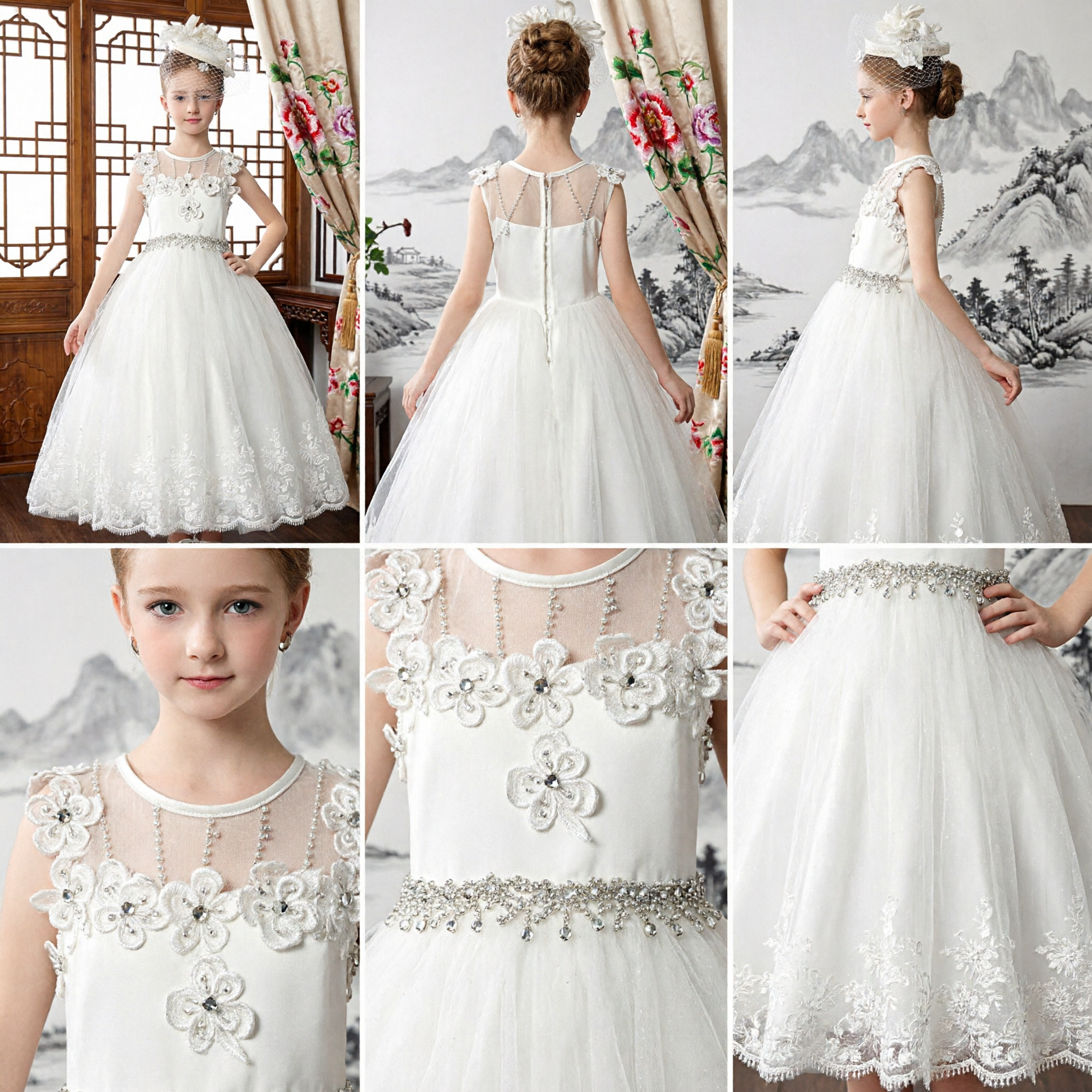 エレガントな白い初聖体ドレス、女の子用花嫁介添人ウェディングガウン、レースアプリケとビーズウエスト付き - Asian Costume