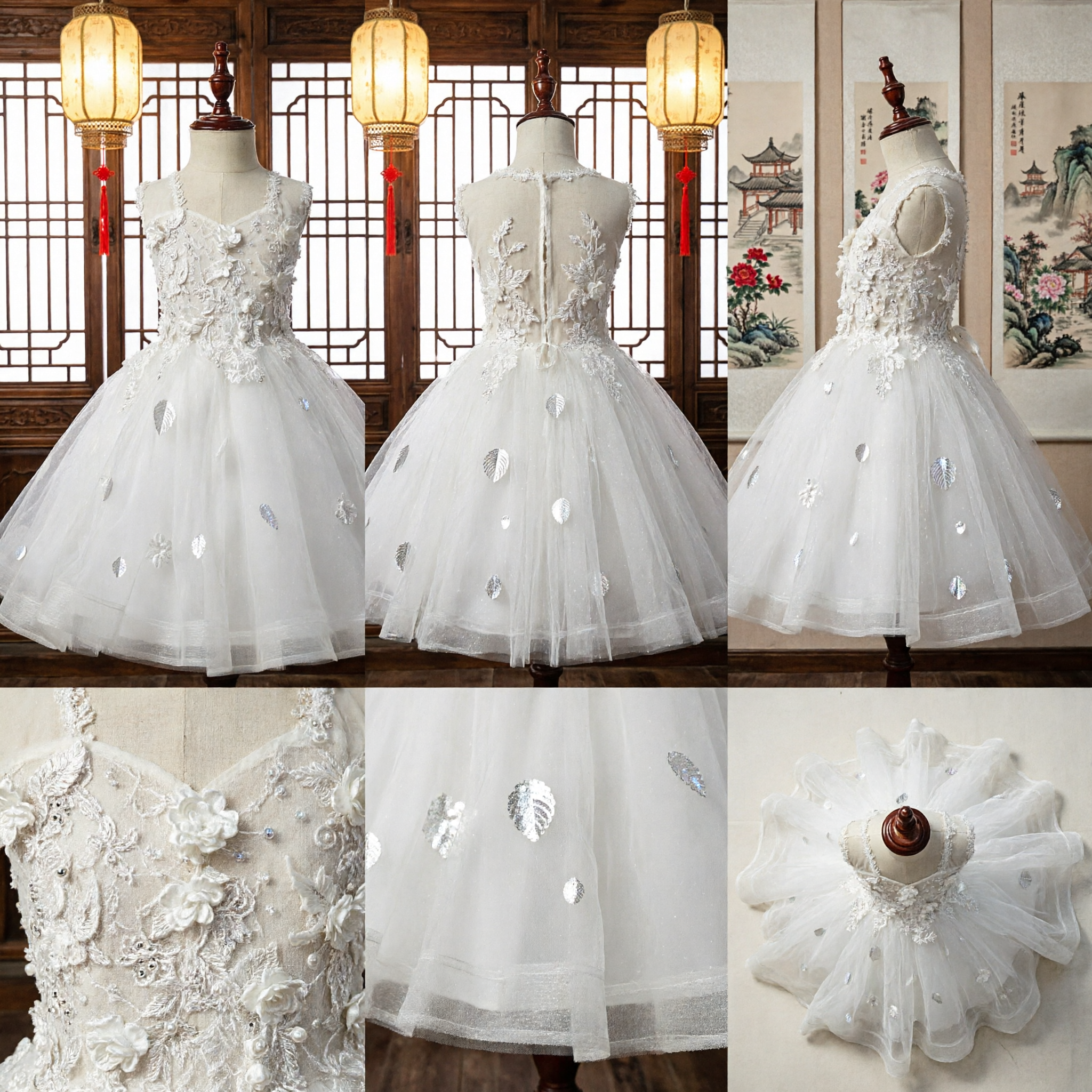 Elegante Witte Kant Bruidsmeisjesjurk met Tule Rok voor Peuter Bruiloft Eerste Communie Feest - Asian Costume