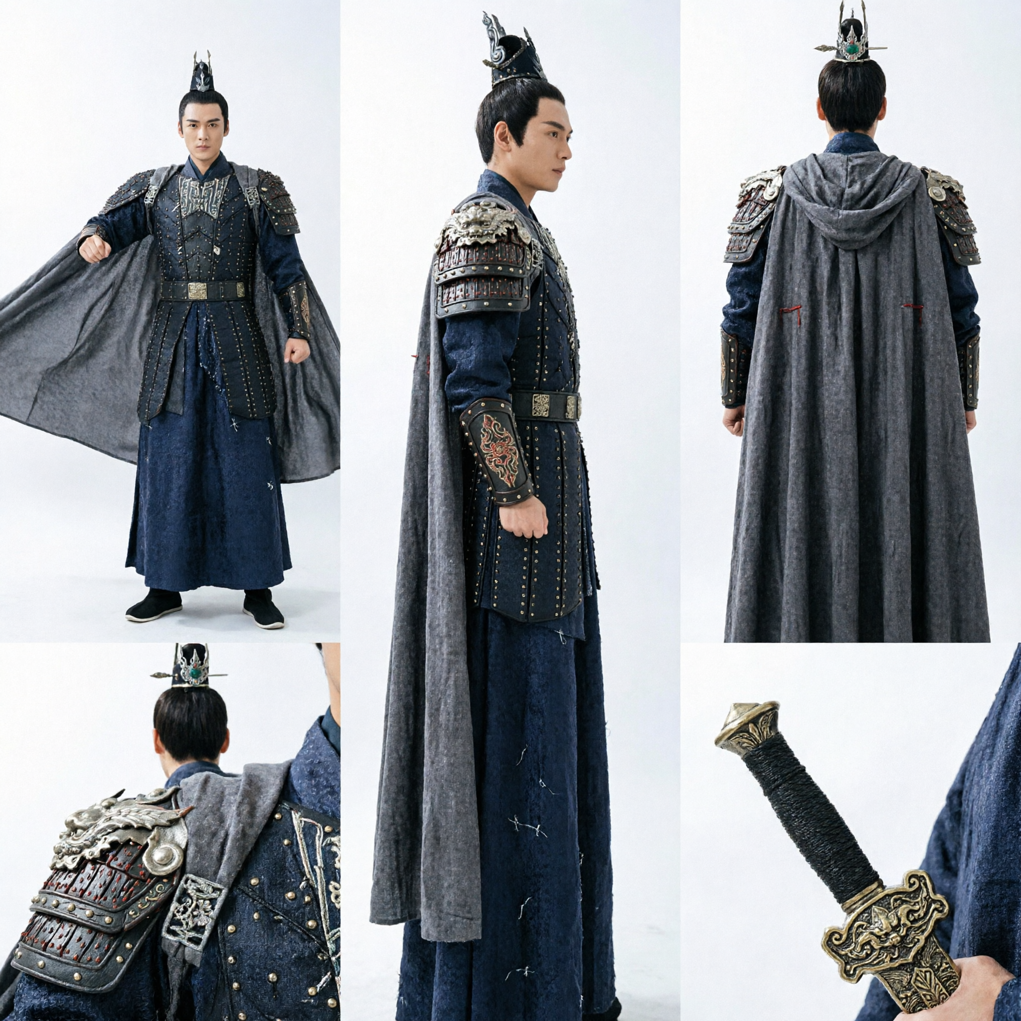 Czarna zbroja starożytnego chińskiego generała dla mężczyzn z peleryną, kostium cosplay, tradycyjny strój z dramatu Wuxia - Asian Costume
