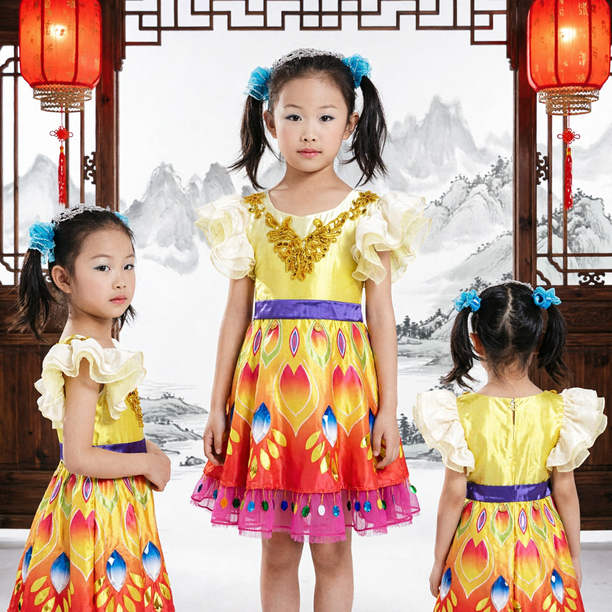 Girls Chinese Traditional Folk Dance Costume Yellow Lotus Dress Kids Performance Stage Outfit - Asian Costume