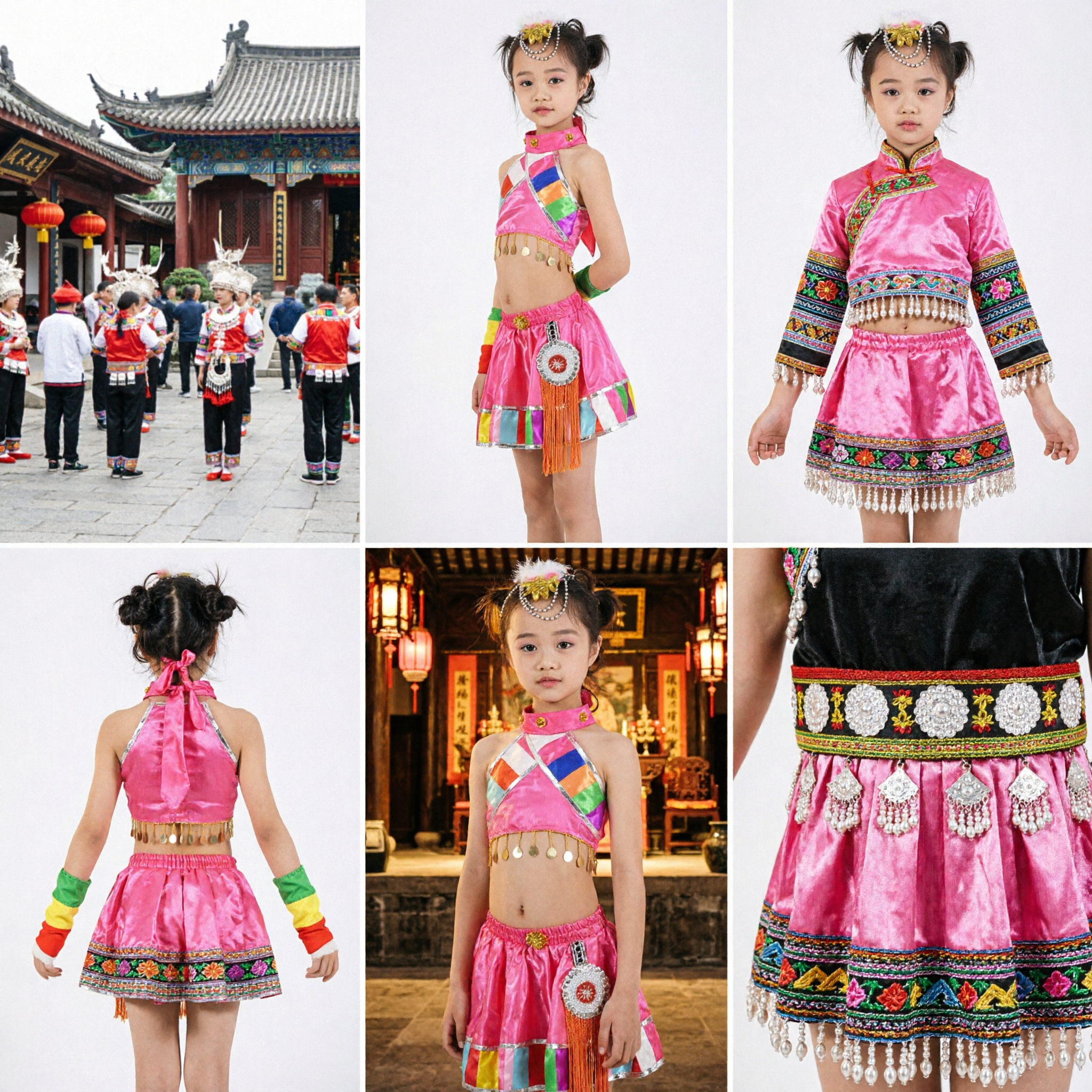 Kinder Traditionelles Tibetisches Tanz-Kostüm Rosa Ethnische Minderheiten-Outfit mit Langen Wassermanschetten für Bühnenauftritte - Asian Costume
