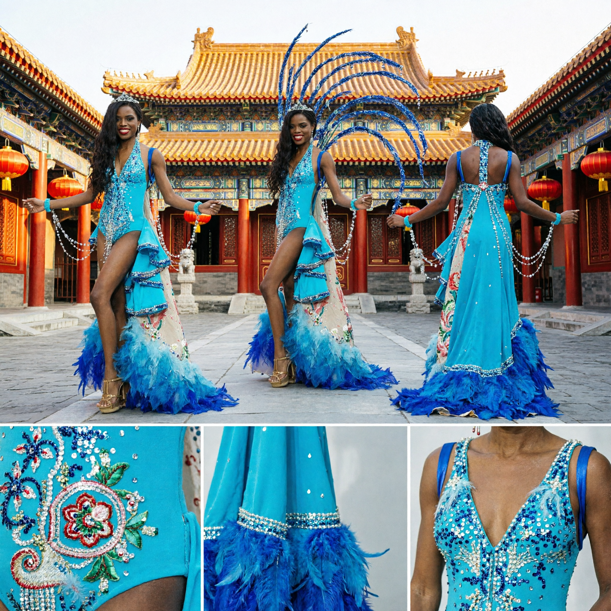 زي سامبا كرنفال ريو الأزرق للسيدات مع غطاء رأس من الريش وزي أداء استعراضي بشرابات ذهبية - Asian Costume