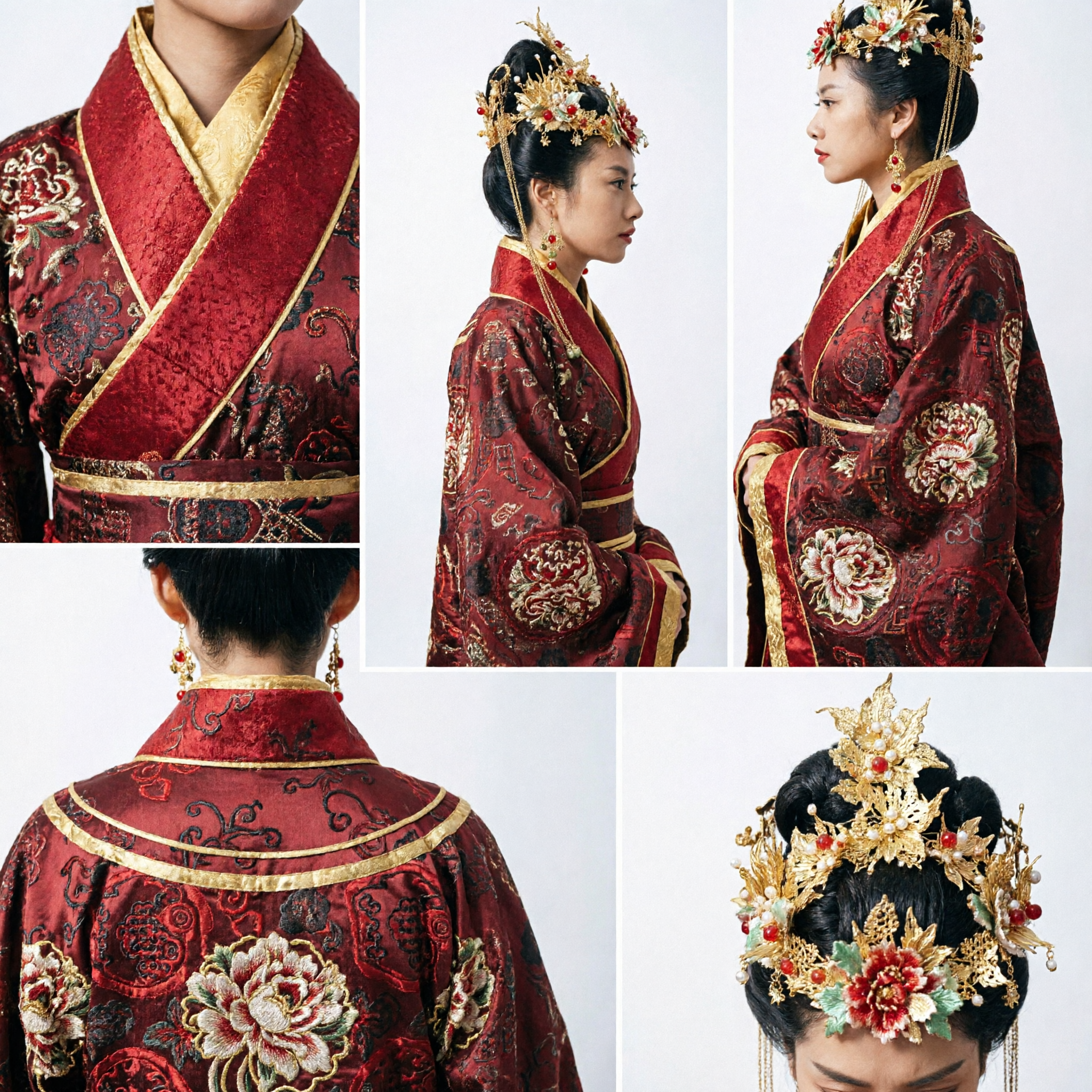 Abito Nuziale Tradizionale Cinese Antico Abito Hanfu Rosso con Elaborata Corona d'Oro della Fenice per Donne - Asian Costume