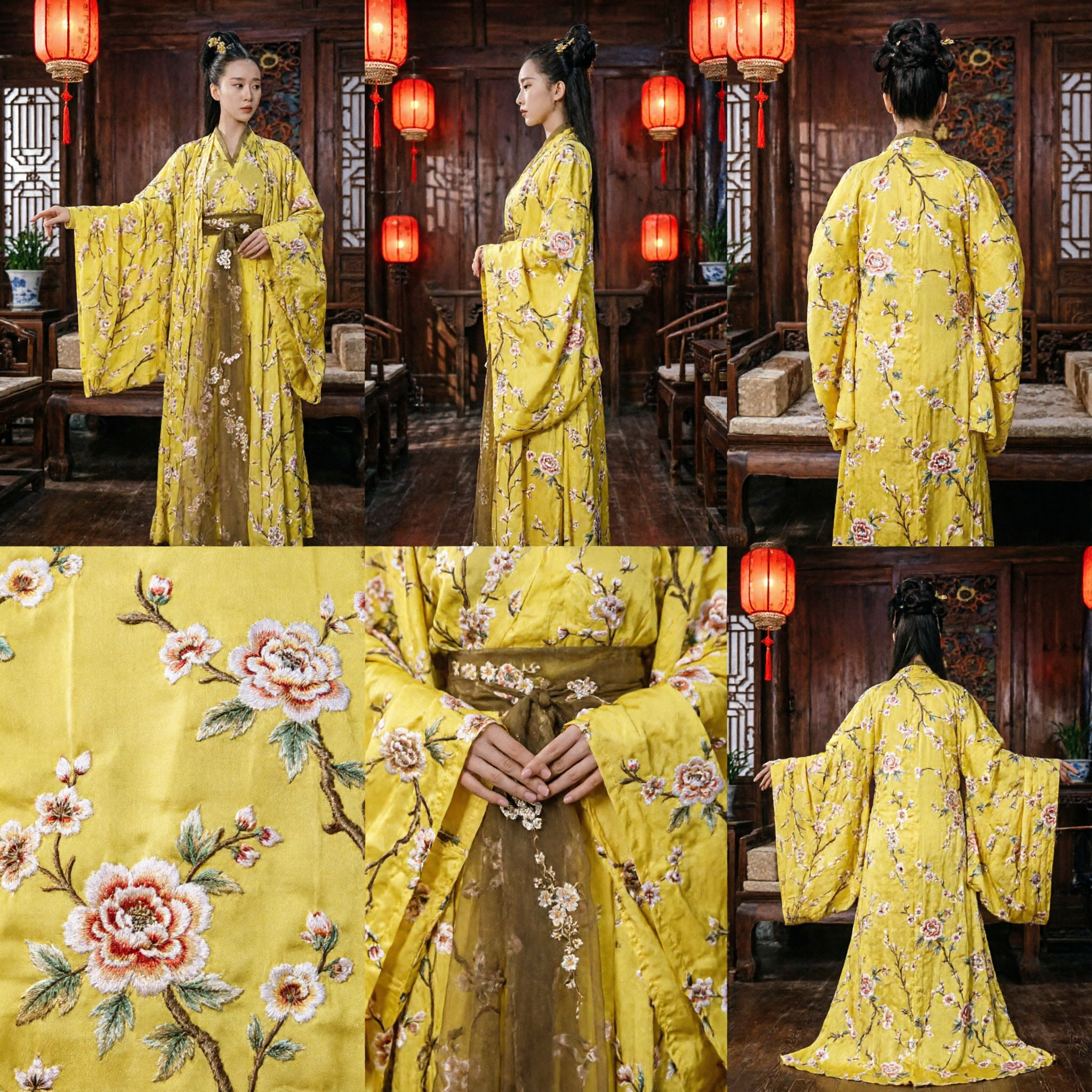 Robe Hanfu Chinoise Ancienne Jaune à Motifs Floraux - Costume de Princesse de la Dynastie Tang pour Femmes pour Spectacle et Cosplay - Asian Costume