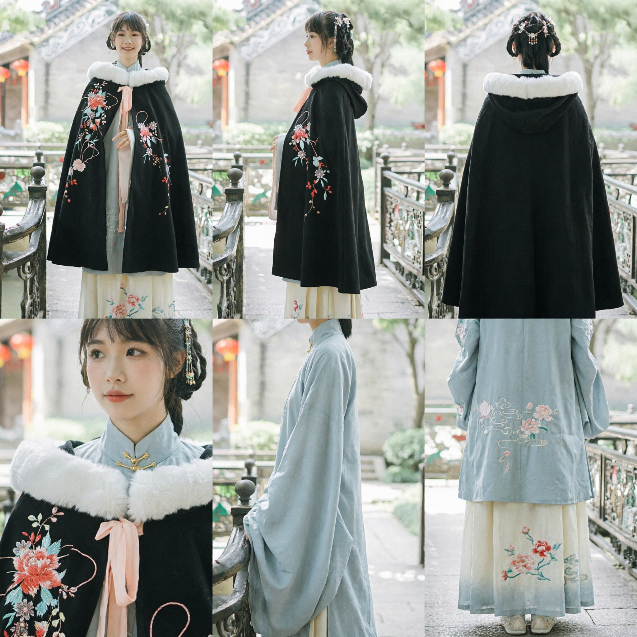 Cape Hanfu Hivernale Élégante Noire avec Broderie Florale et Garniture en Fourrure Blanche - Cape Chinoise Traditionnelle pour Femmes - Asian Costume