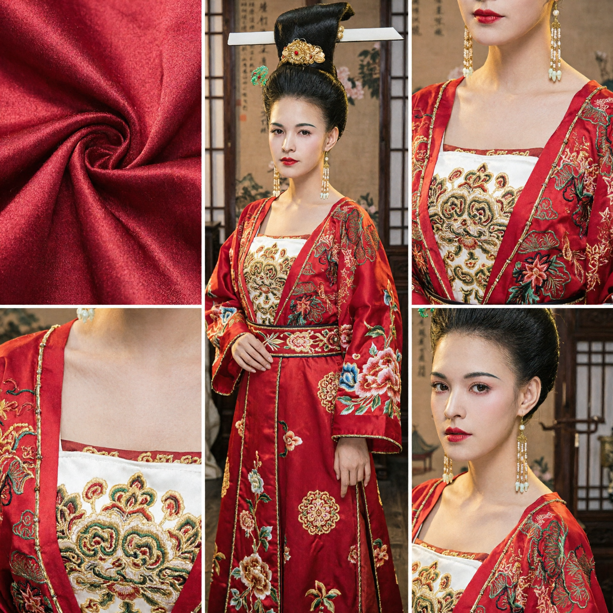 Tradycyjny chiński perukowy zestaw damski z dynastii Tang i czerwony haftowany strój Hanfu do cosplayu kobiet - Asian Costume
