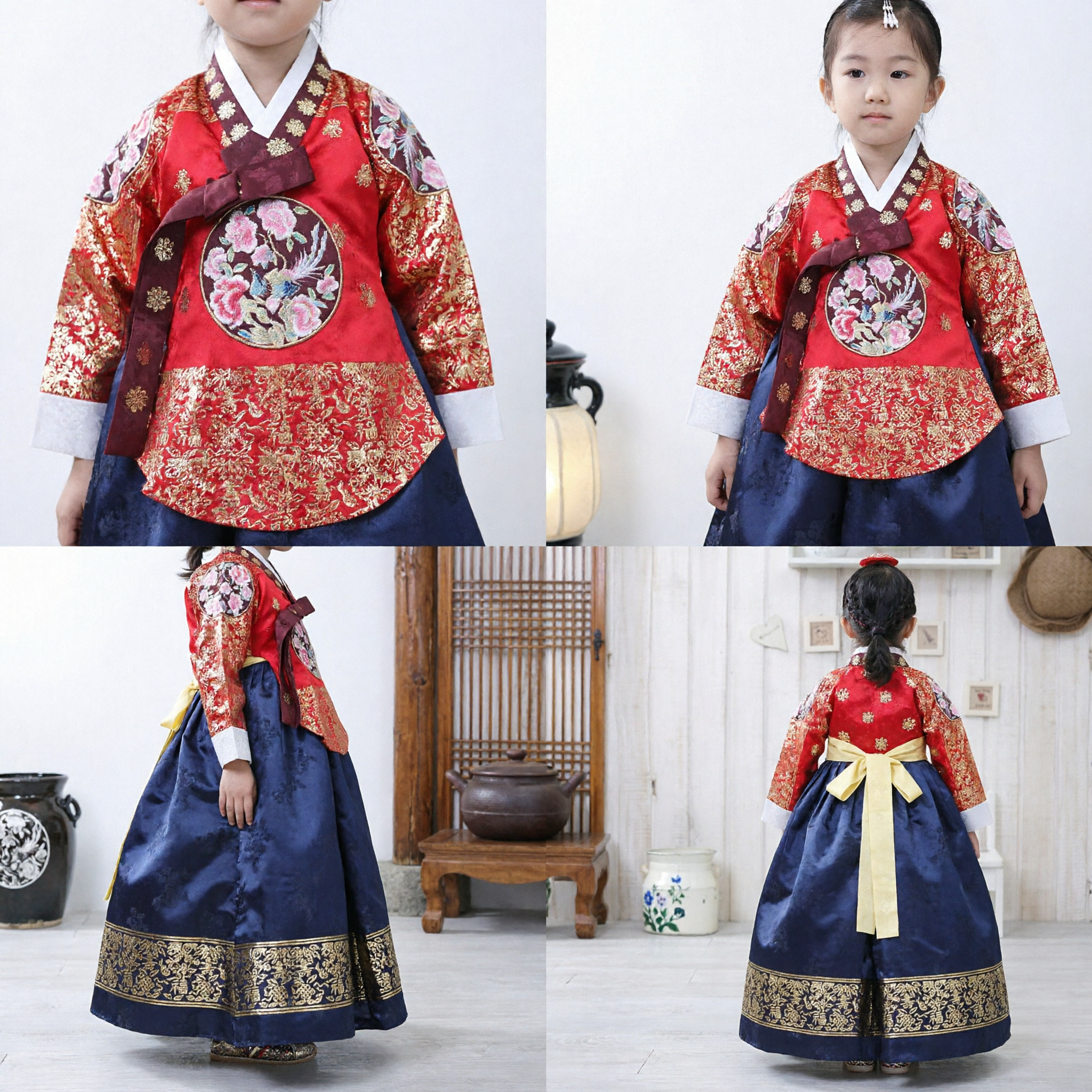 Robe Hanbok Traditionnelle Coréenne pour Enfants Filles, Haut Rouge Brodé et Jupe Bleue, Costume de Fête et de Mariage - Asian Costume