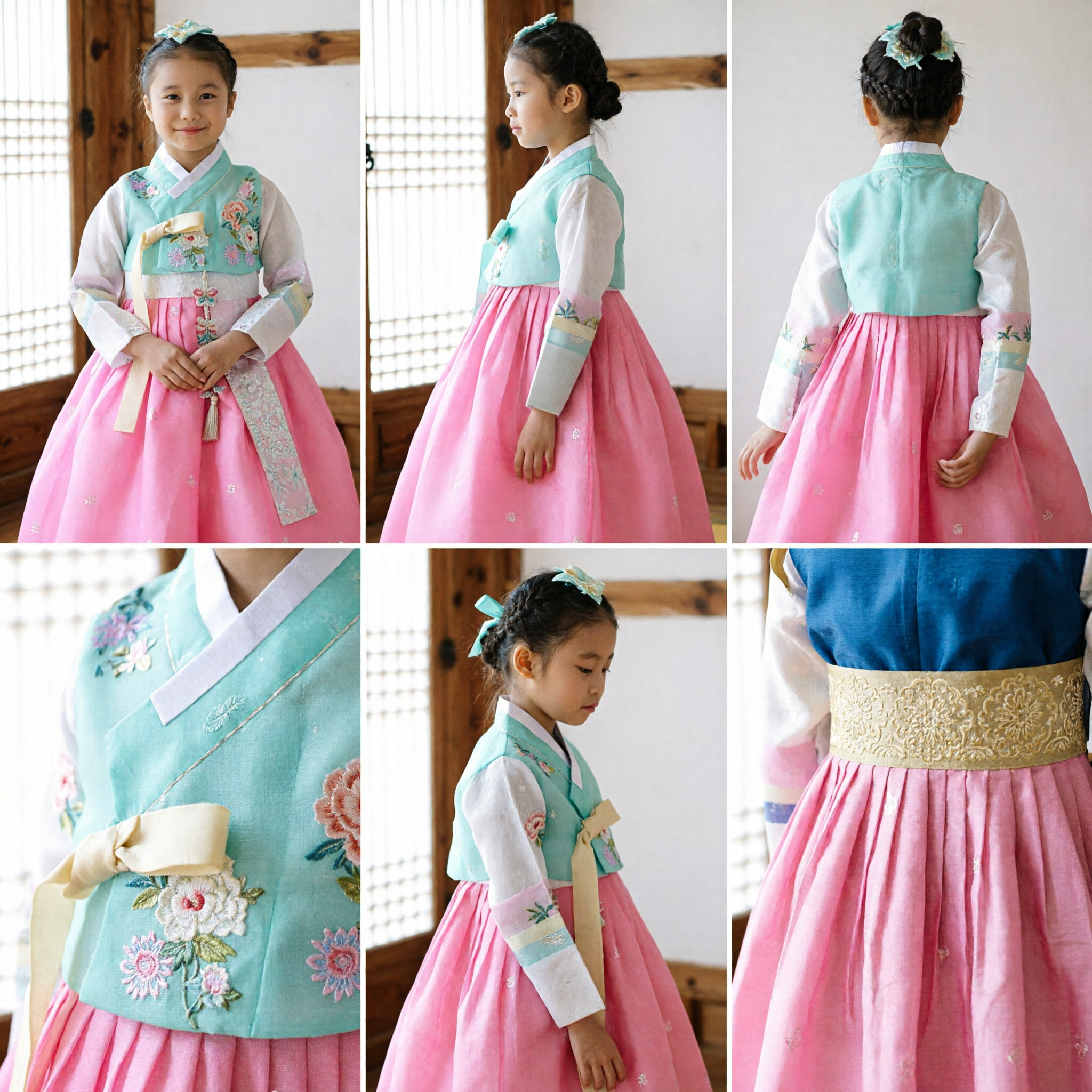 Hanbok Tradicional Coreano para Niñas, Falda Rosa y Top Azul con Flores, Vestido Infantil para Doljanchi y Fiesta de Seollal - Asian Costume