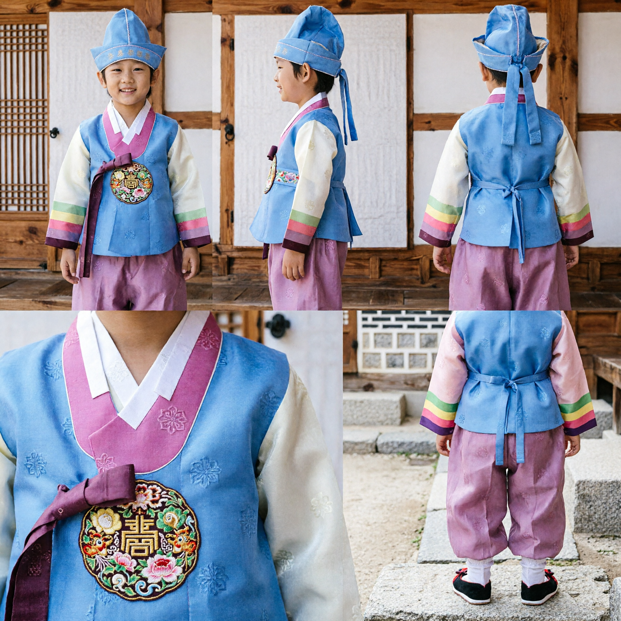 Hanbok Coreano Tradizionale per Bambini, Set Costume con Gilet Blu, Baji Rosa, Cappello e Scarpe per Festival - Asian Costume