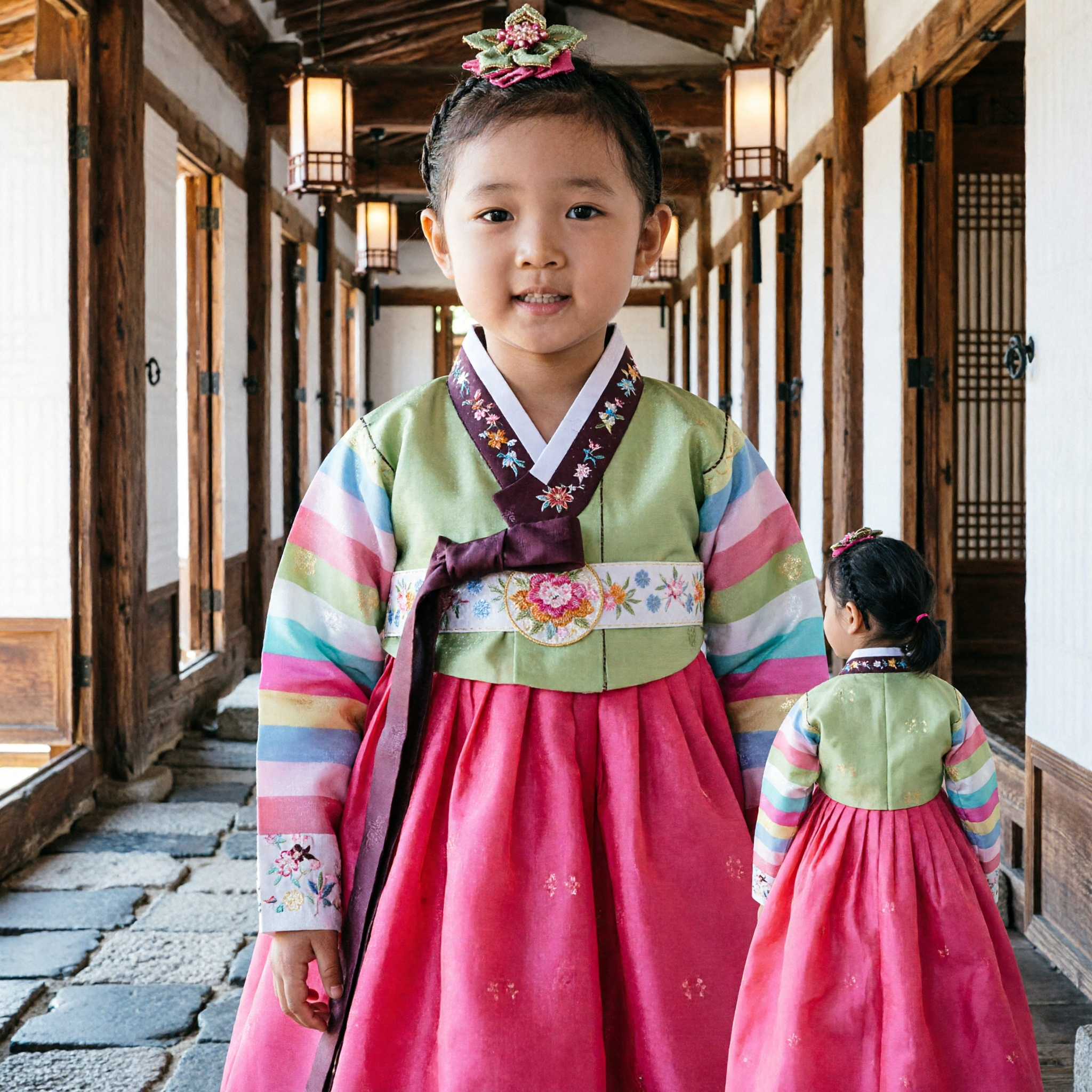 Traditionele Koreaanse Hanbok voor Meisjes Regenboog Jeogori Roze Chima Jurk voor Eerste Verjaardag Doljanchi Festival - Asian Costume