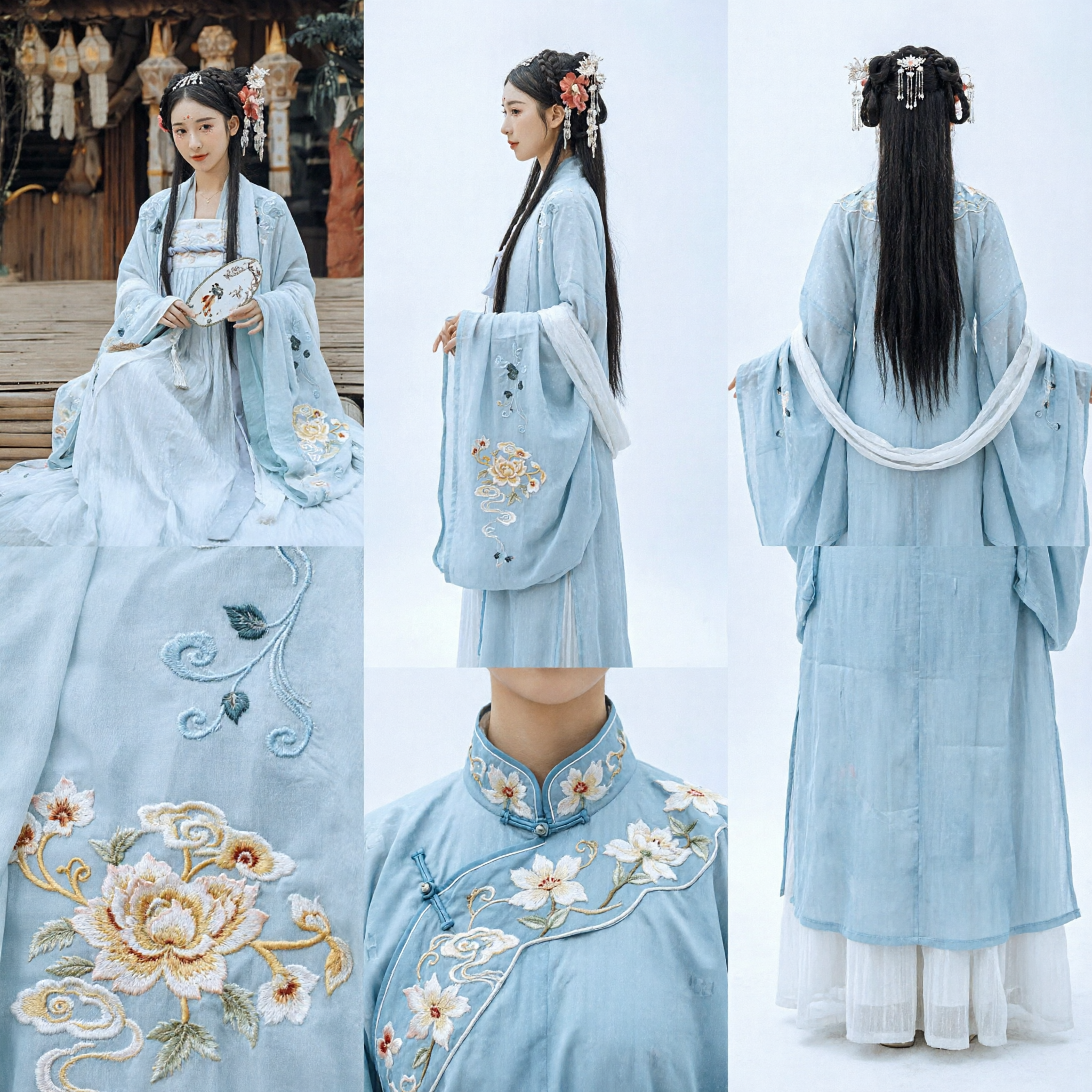 Vestido Hanfu Tradicional Chinês para Mulheres Robe Estilo Antigo Bordado Azul Claro para Fotografia - Asian Costume