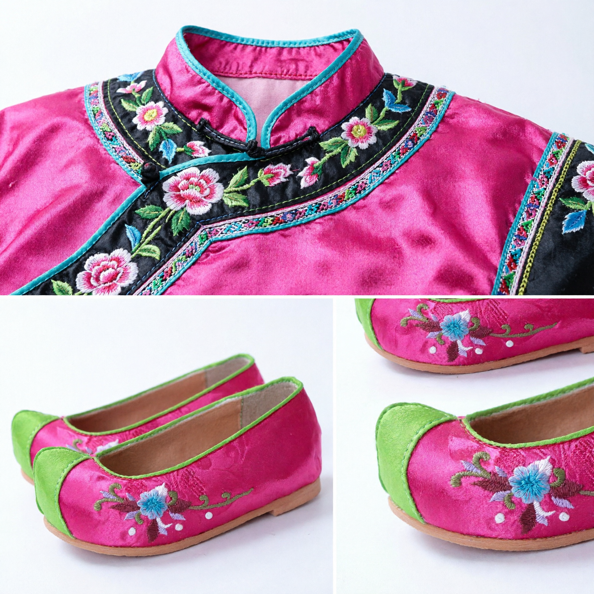 Zapatos de tela bordados rosa y verde tradicionales chinos Accesorios Hanfu para mujeres Calzado antiguo para boda y danza - Asian Costume