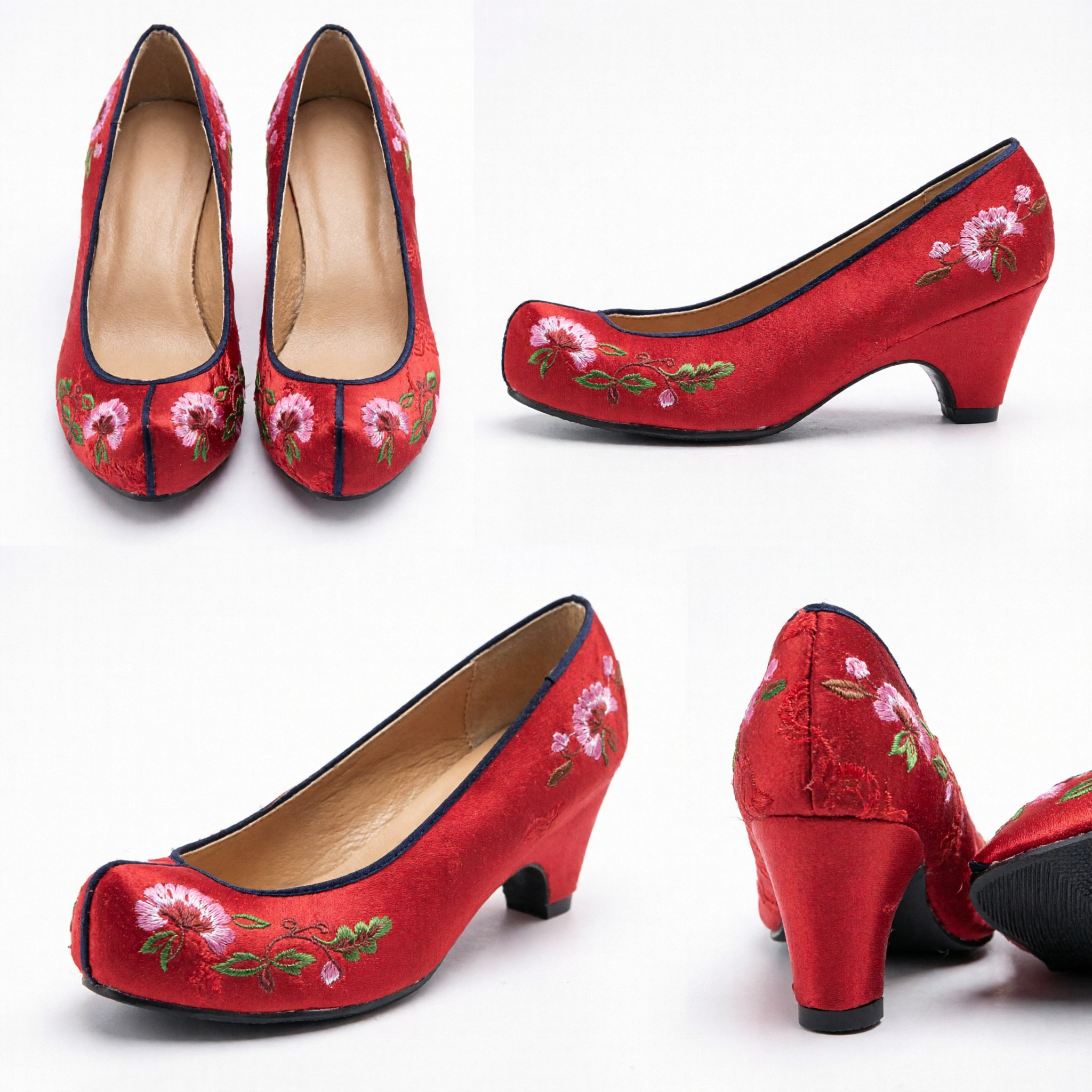 Zapatos Hanfu bordados rojos tradicionales chinos Tacón cuña floral para mujeres Calzado para traje clásico de boda - Asian Costume