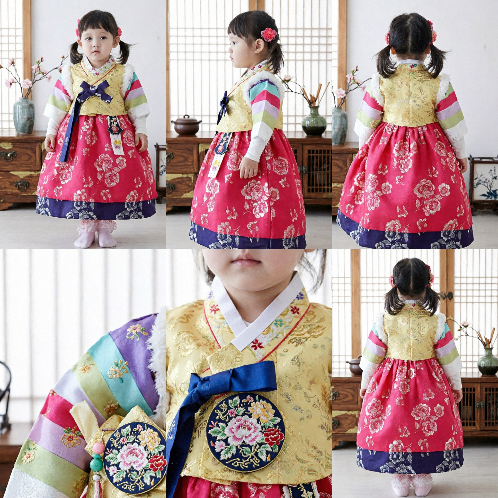 Costume Hanbok traditionnel coréen pour filles - Jeogori floral jaune et Chima rose pour mariage, fête ou vacances - Asian Costume